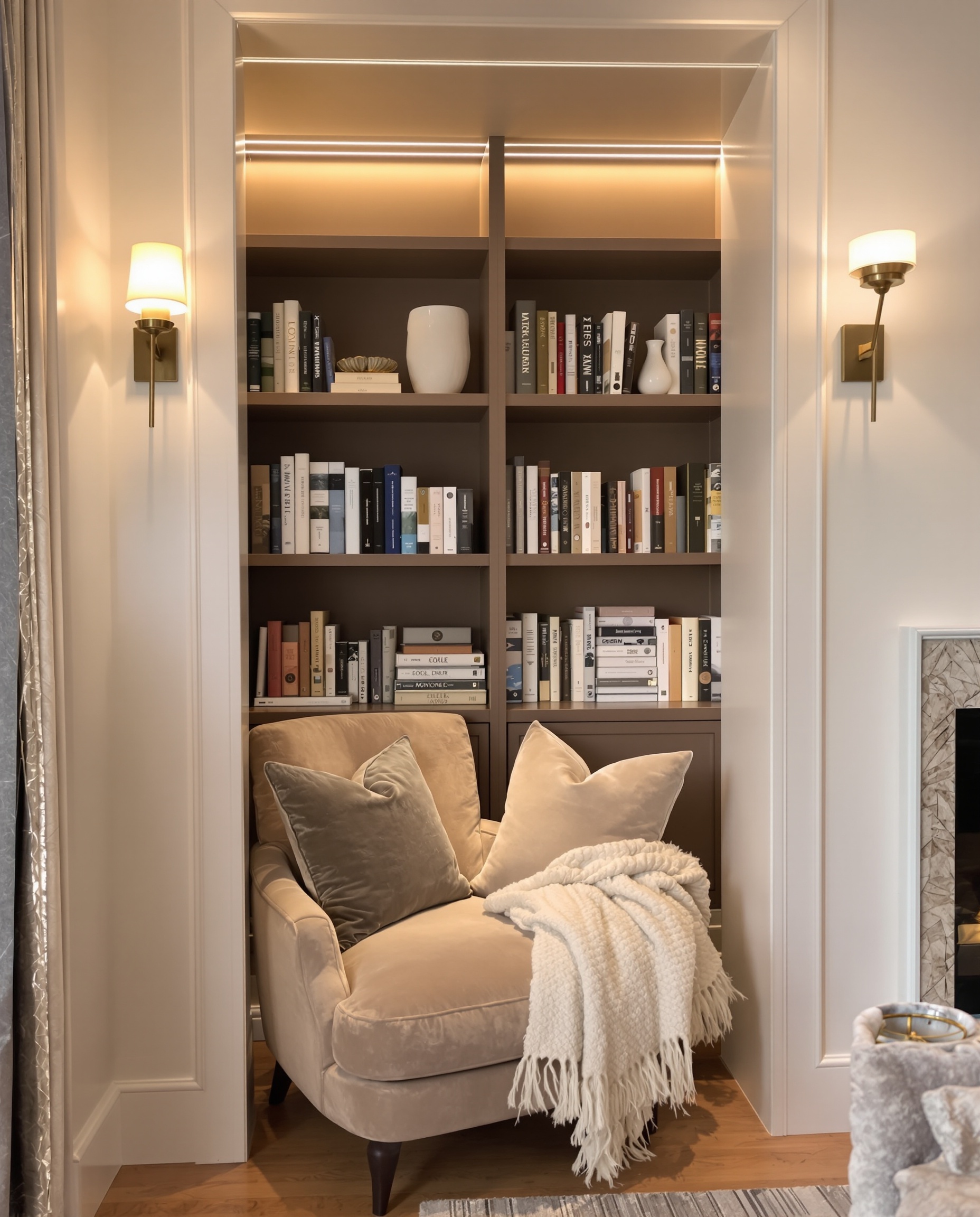 Une alcôve dans un salon aménagée en coin lecture confortable avec un fauteuil douillet, une petite bibliothèque et un éclairage tamisé.