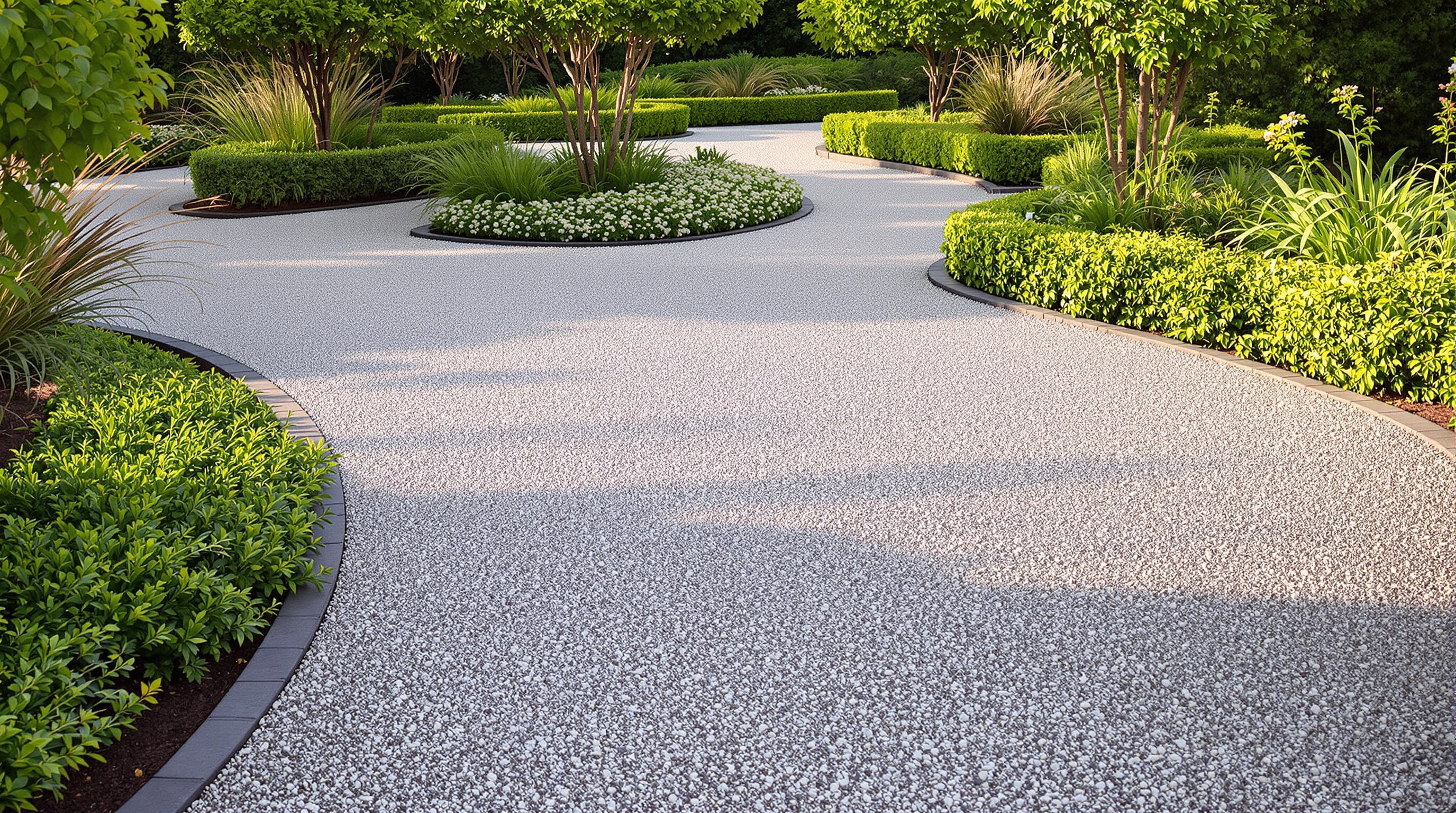 Allée en gravier élégante au crépuscule dans un jardin contemporain