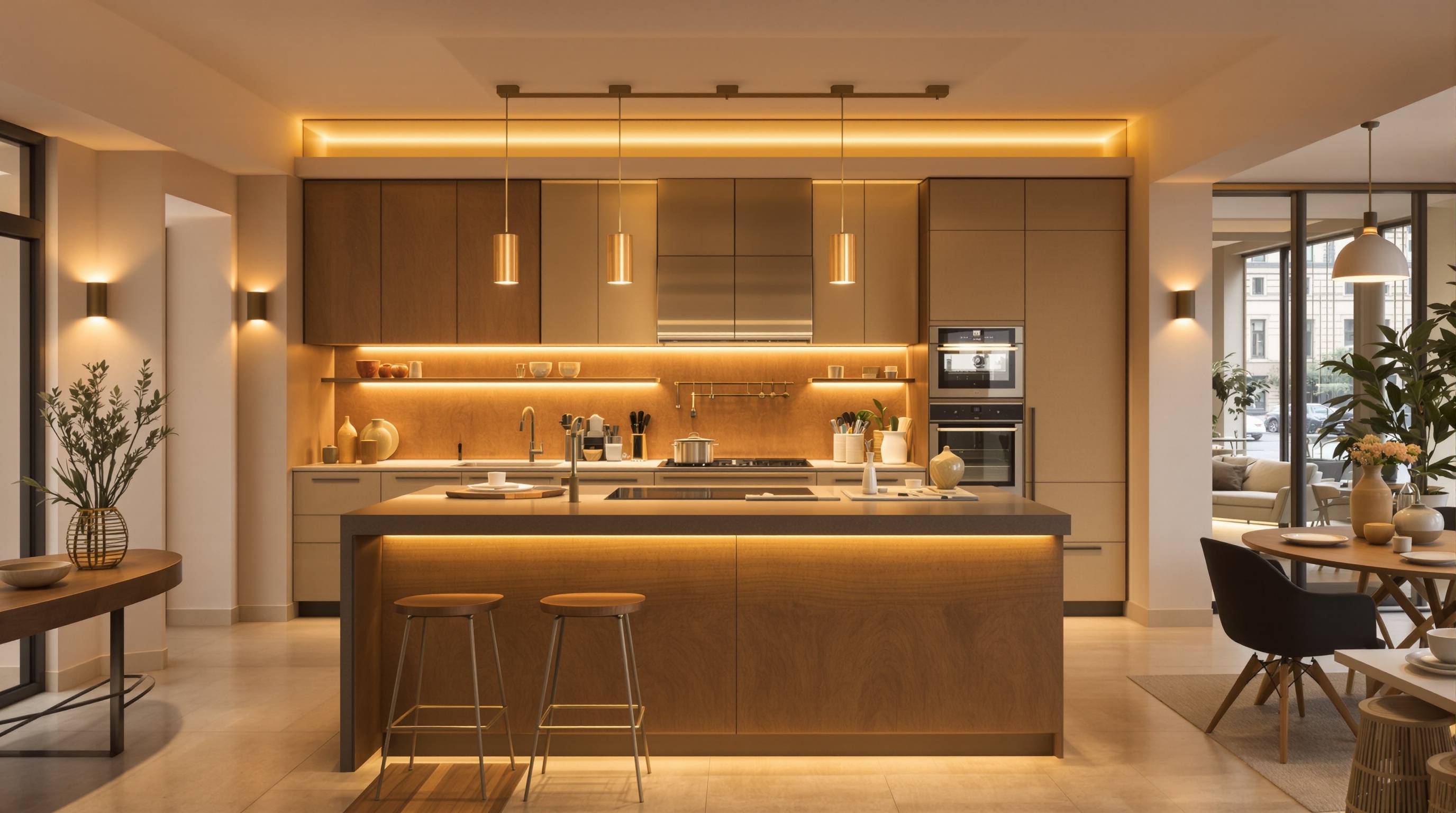 Ambiance chaleureuse dans cuisine ouverte avec éclairage indirect autour de l’îlot