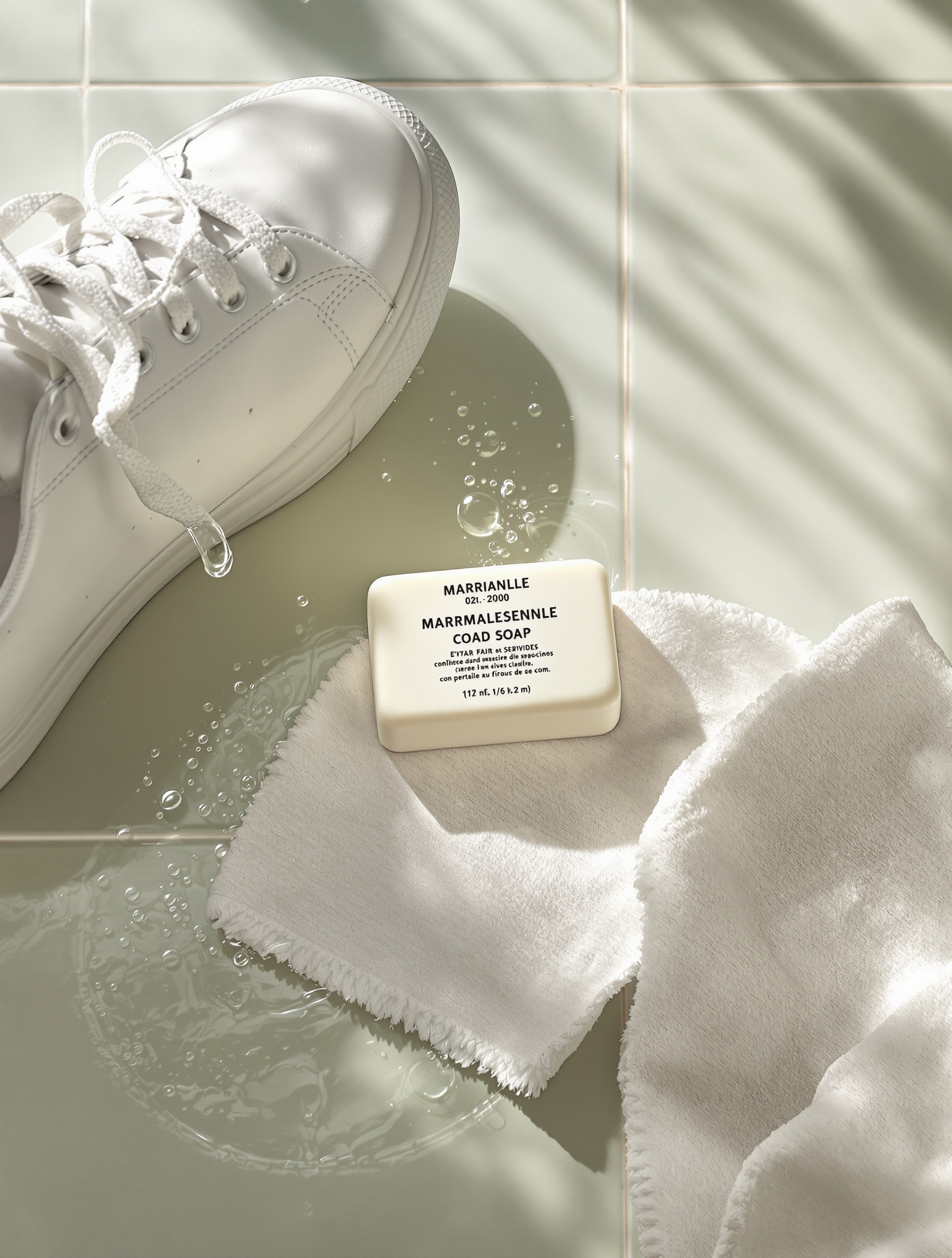 savon Marseille chiffon sneaker blanche entretien quotidien rétro chic