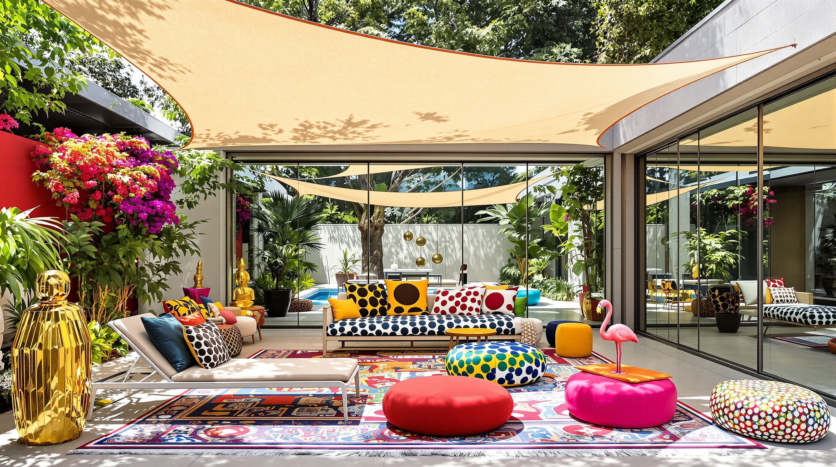 Coin salon piscine bohème avec mobilier dépareillé, coussins graphiques, voile d'ombrage et miroir verrière.