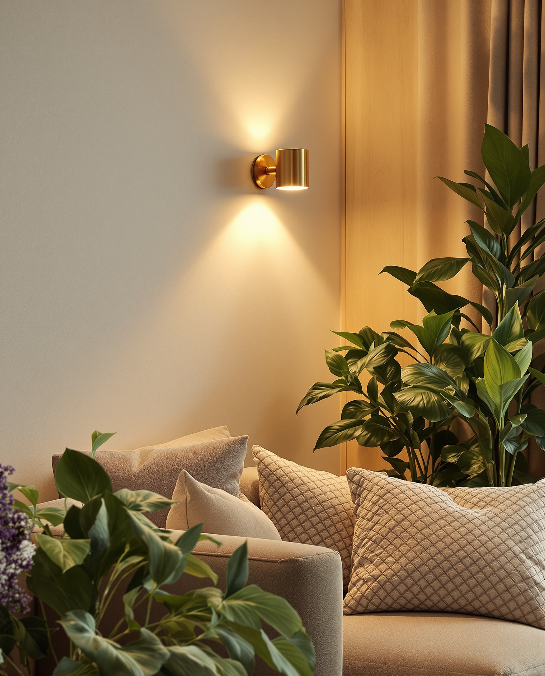 angle salon moderniste baigné lumière d'appoint applique laiton textures végétal luxuriant
