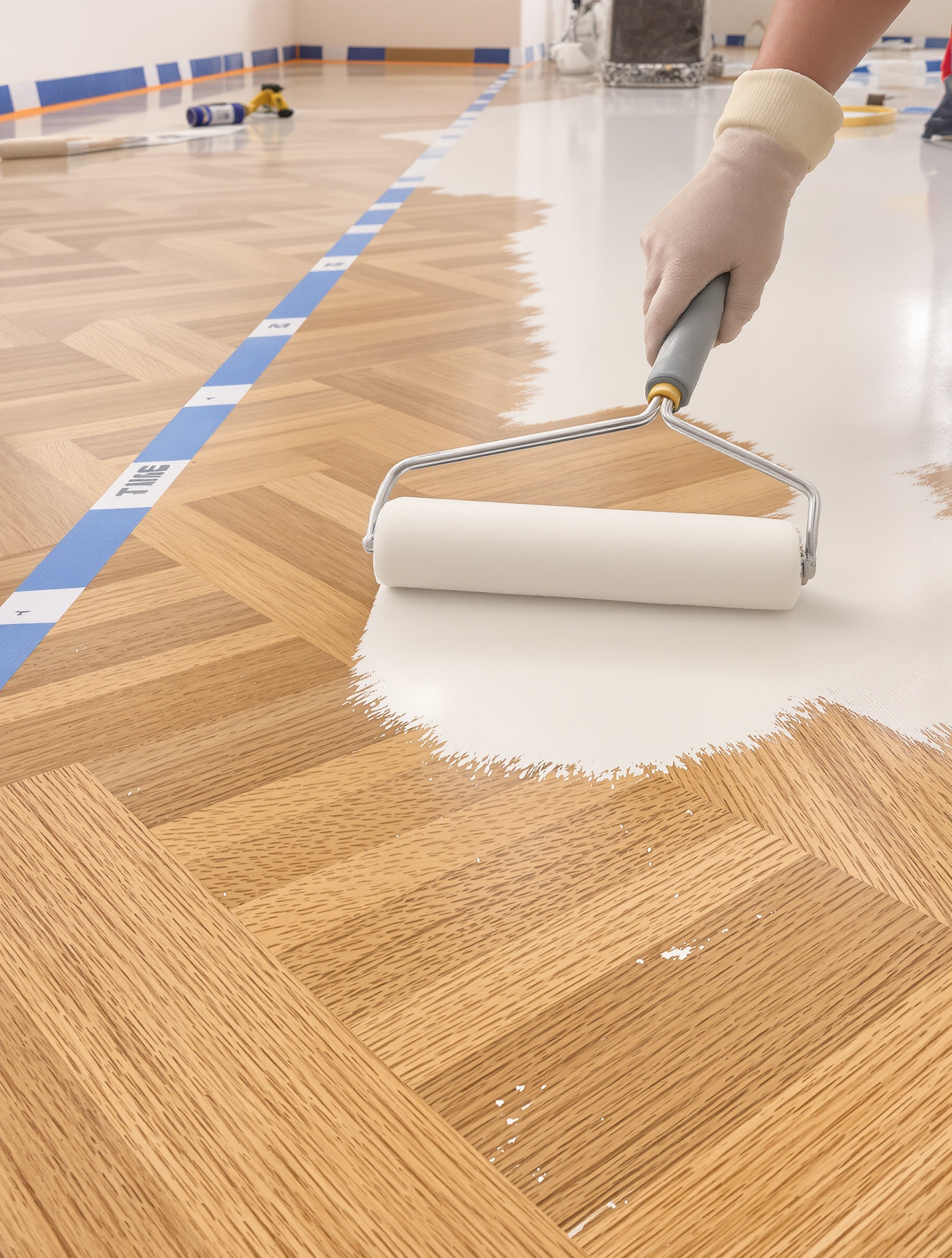 Application sous-couche rouleau blanc parquet geste soigné