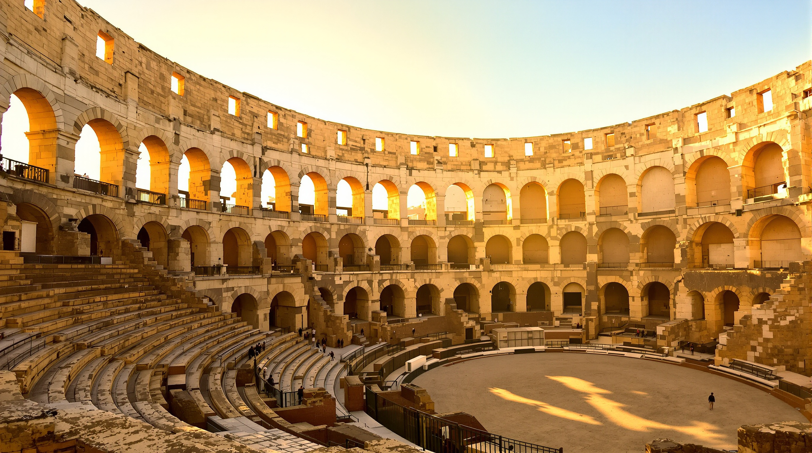 Vue intérieure grandiose des Arènes d'Arles au coucher de soleil