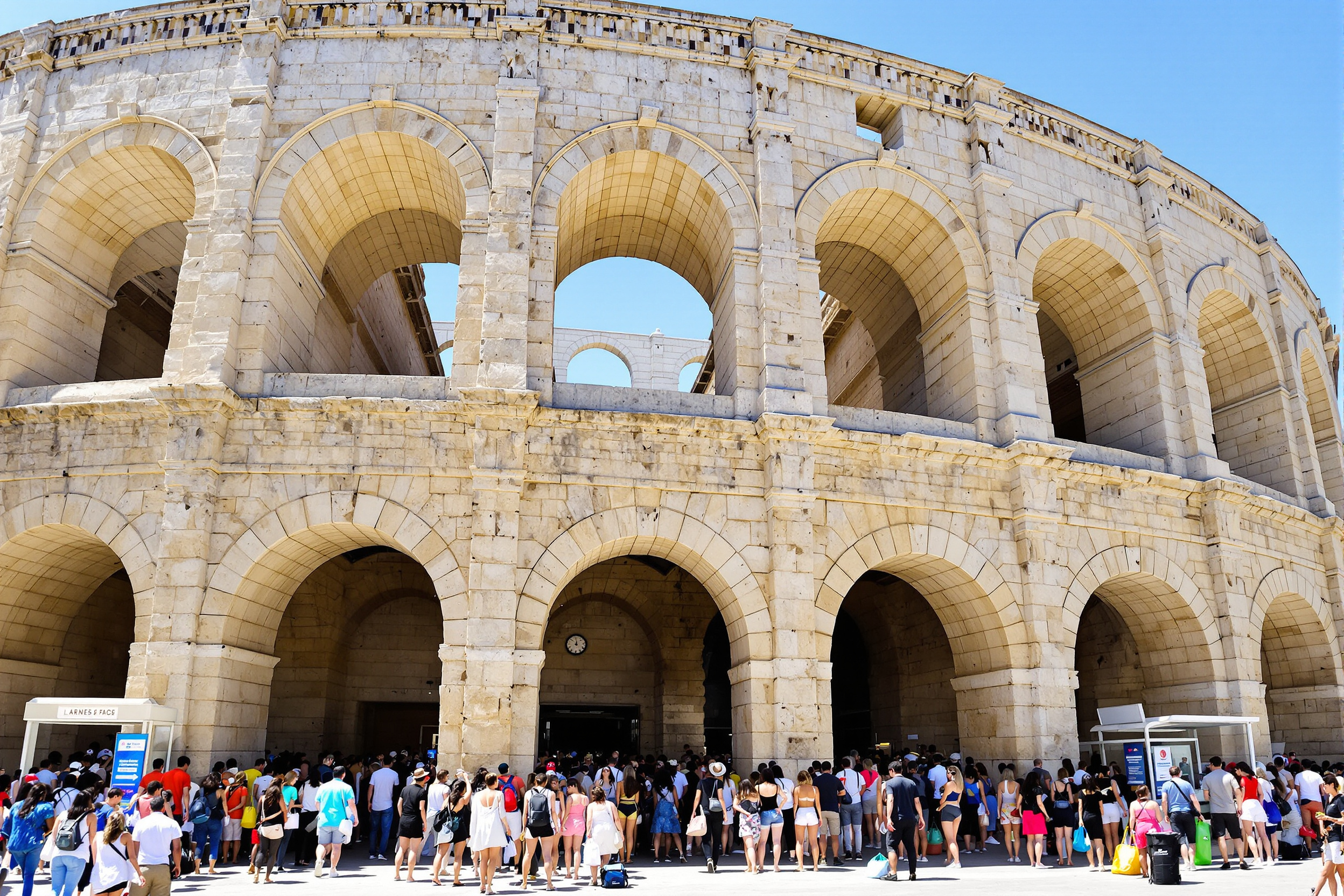 Entrée animée des Arènes d'Arles avec billetterie et visiteurs