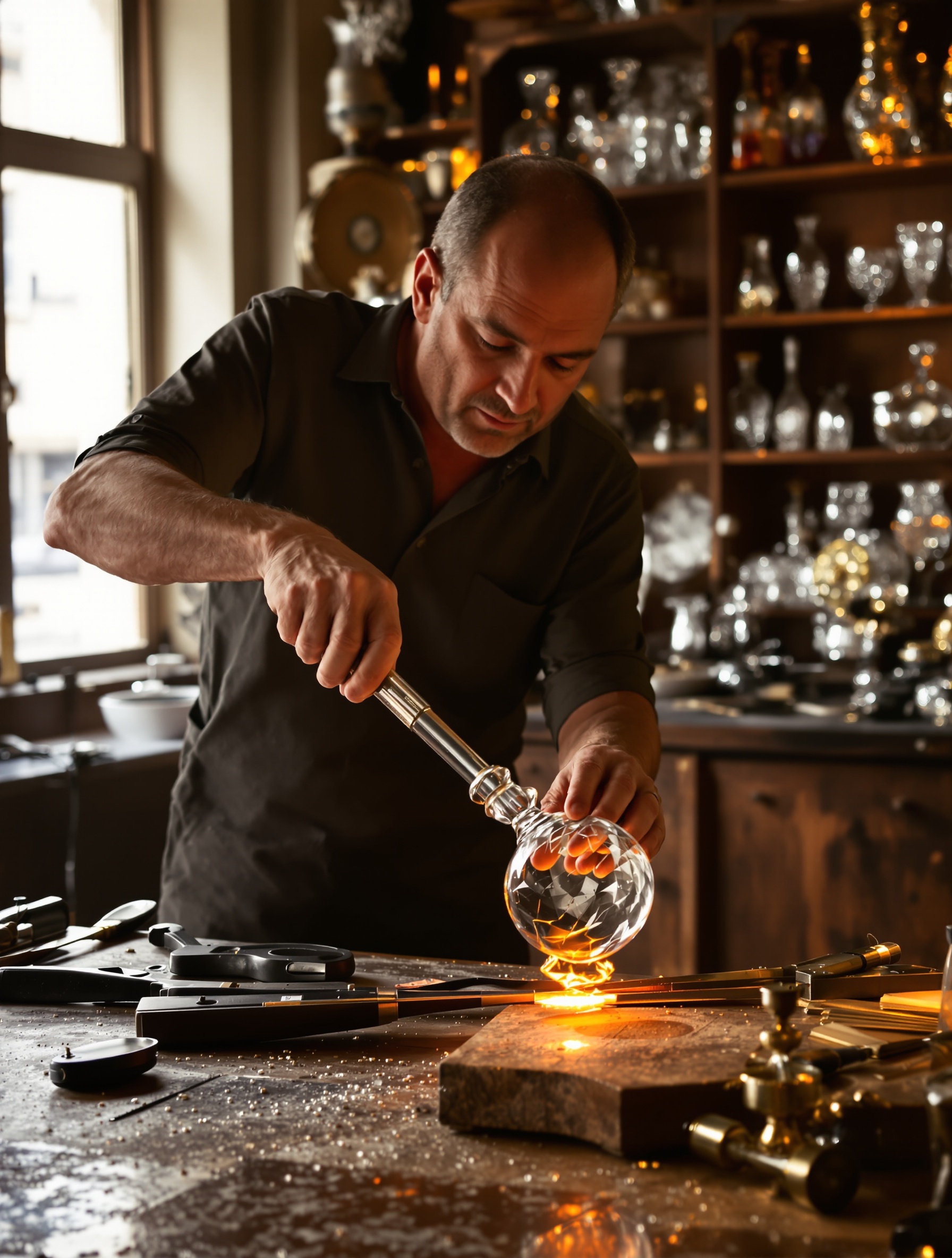 Démonstration du savoir-faire artisanal de la Cristallerie Saint Louis, avec des artisans soufflant le verre.