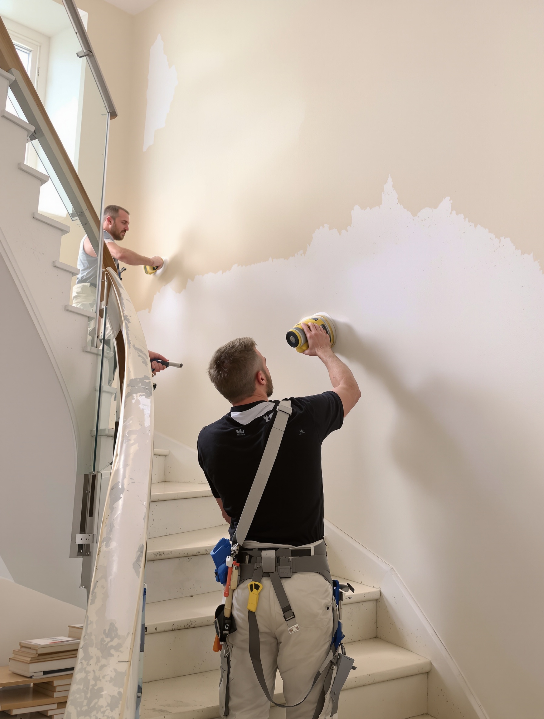 Préparation pro du mur escalier: rebouchage ponçage lumière naturelle