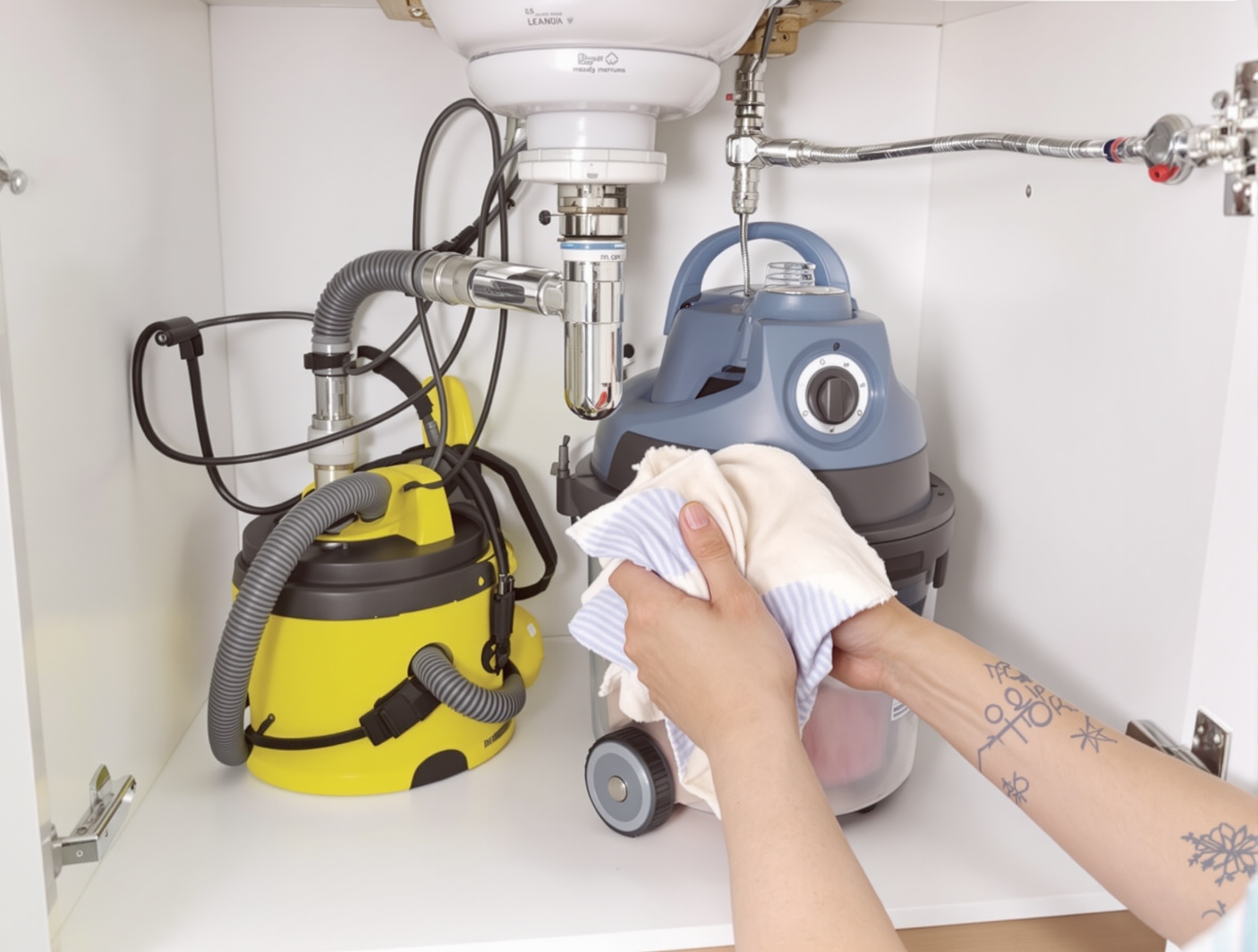 Aspirateur sec humide sous évier prêt à aspirer un bouchon tenace