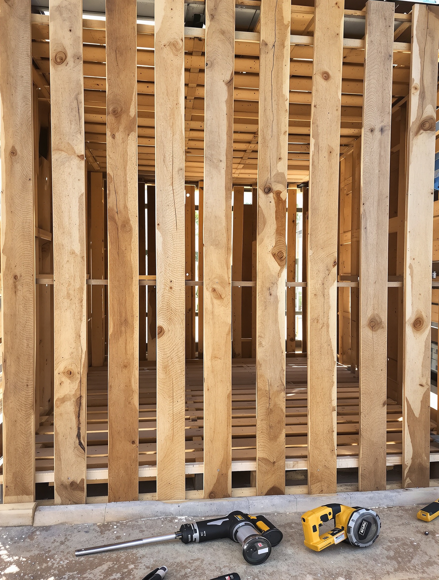 Assemblage des murs d'une cabane en palette : palettes fixées verticalement, vis longues, pied-de-biche et scie sabre posés au sol
