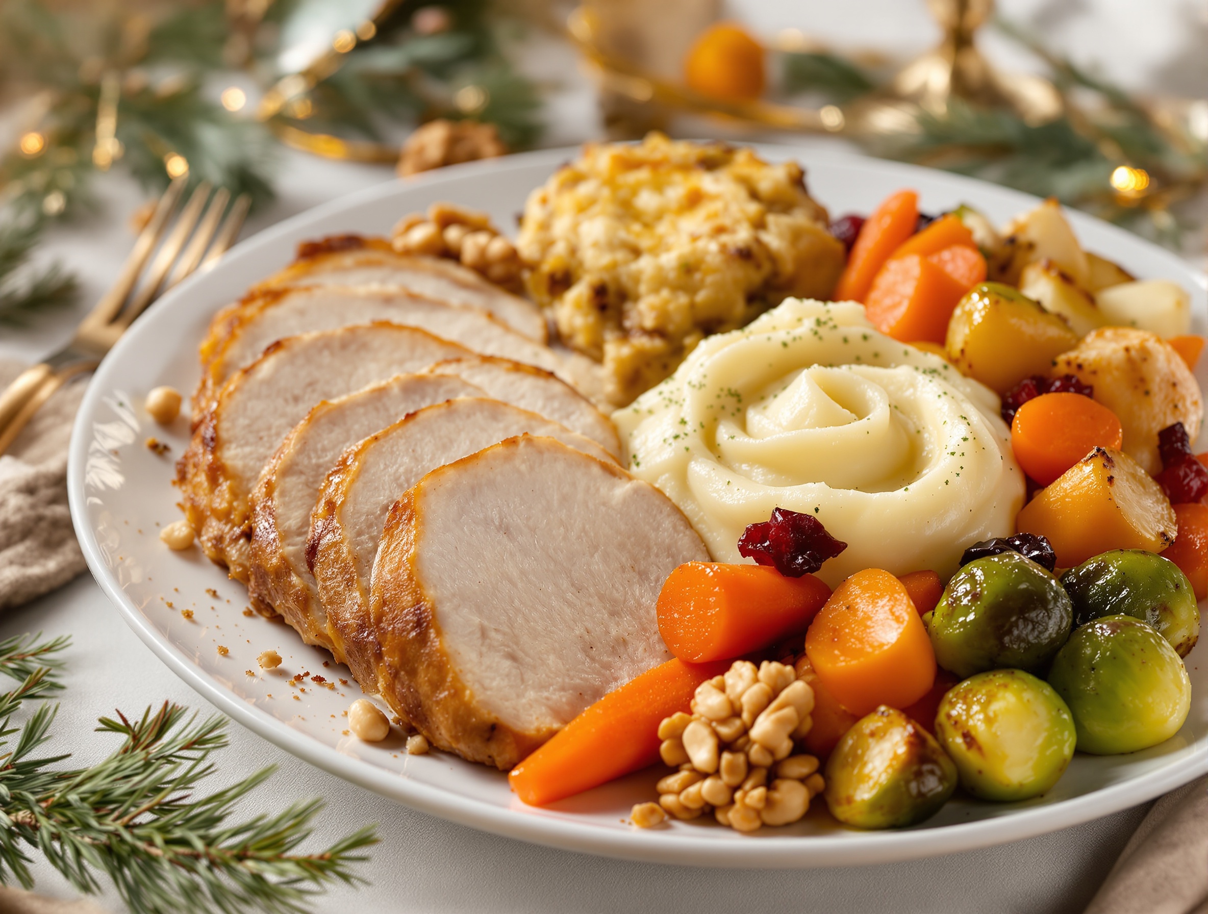 Assiette festive de Noël avec purée, gratin, légumes et fruits secs