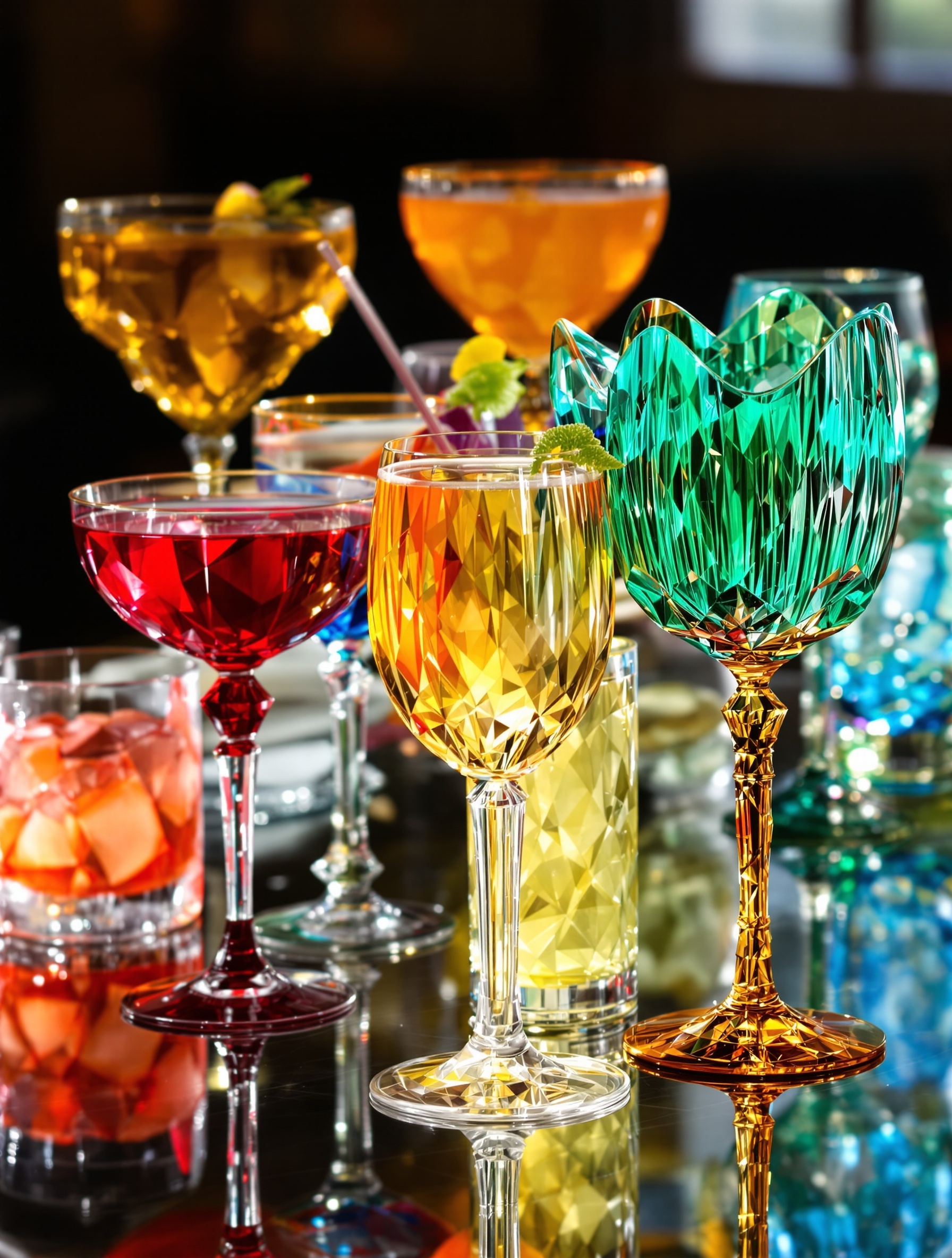 Cocktails créatifs servis dans des verres à pied originaux sur une table élégante