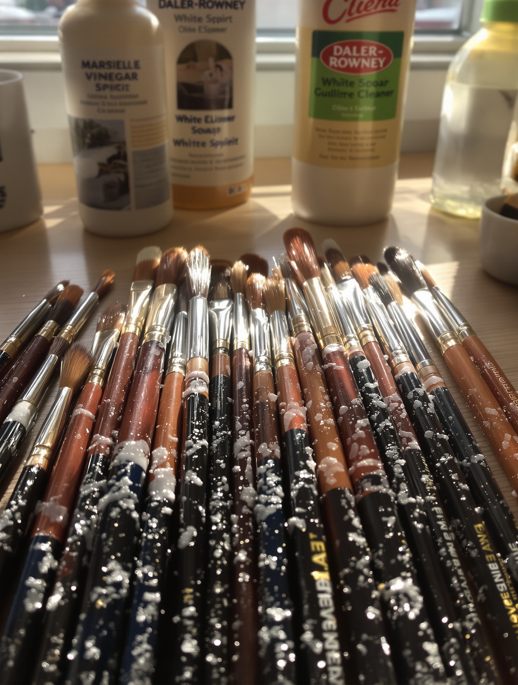 Assortiment de pinceaux nettoyés avec savon de Marseille, vinaigre blanc, huile d'olive, White Spirit et Daler-Rowney, plan de travail atelier.
