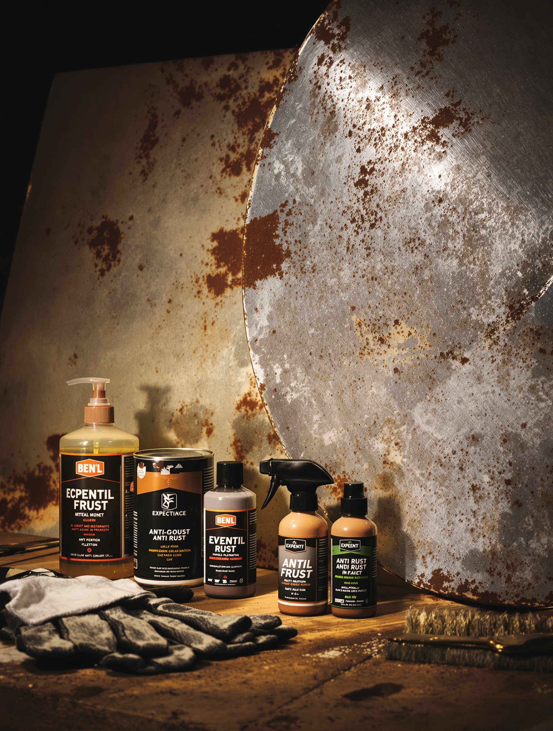 Atelier de restauration avec produits anti-rouille et pièce métallique mi-nettoyée.