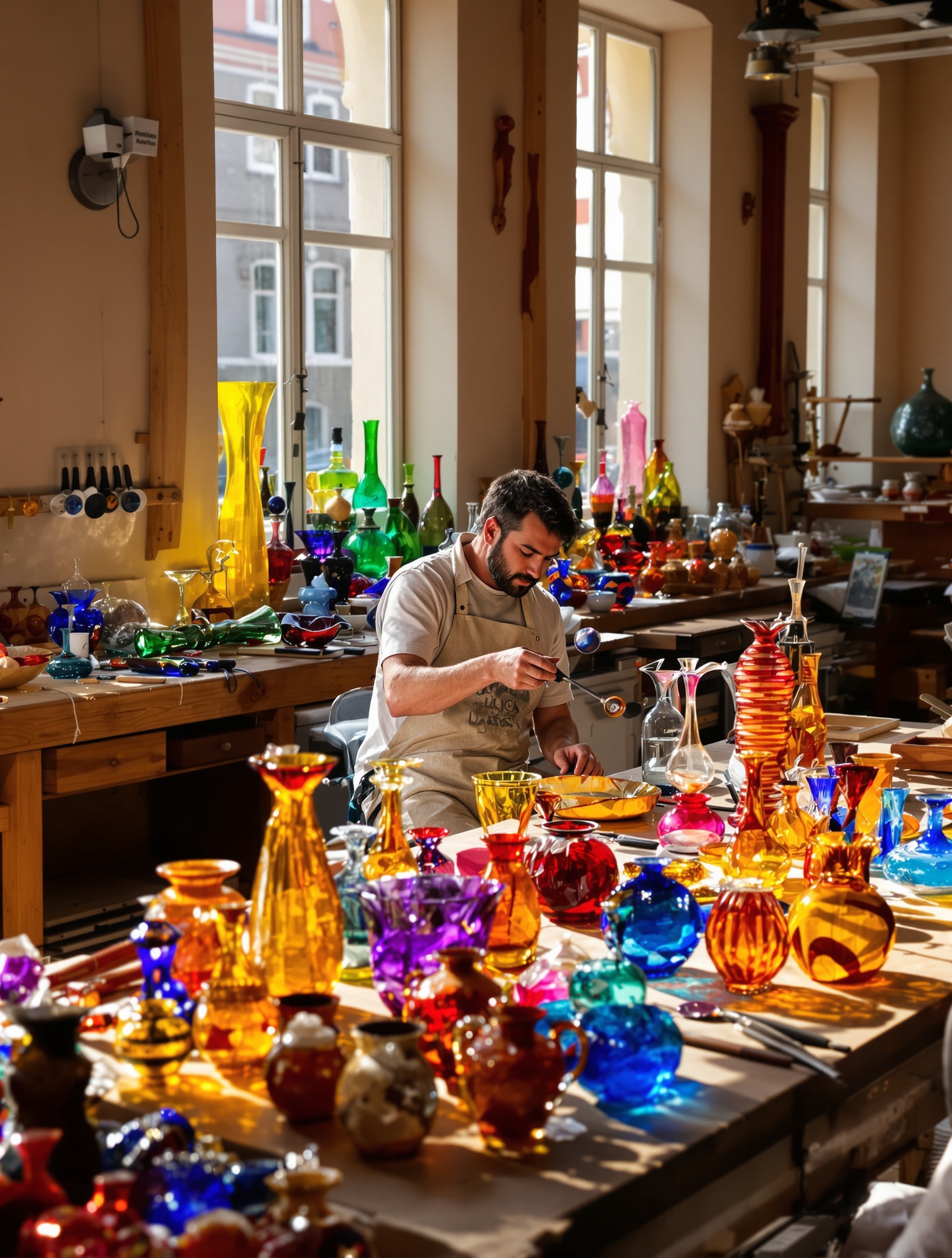 atelier artisan souffleur Murano verres colorés bois