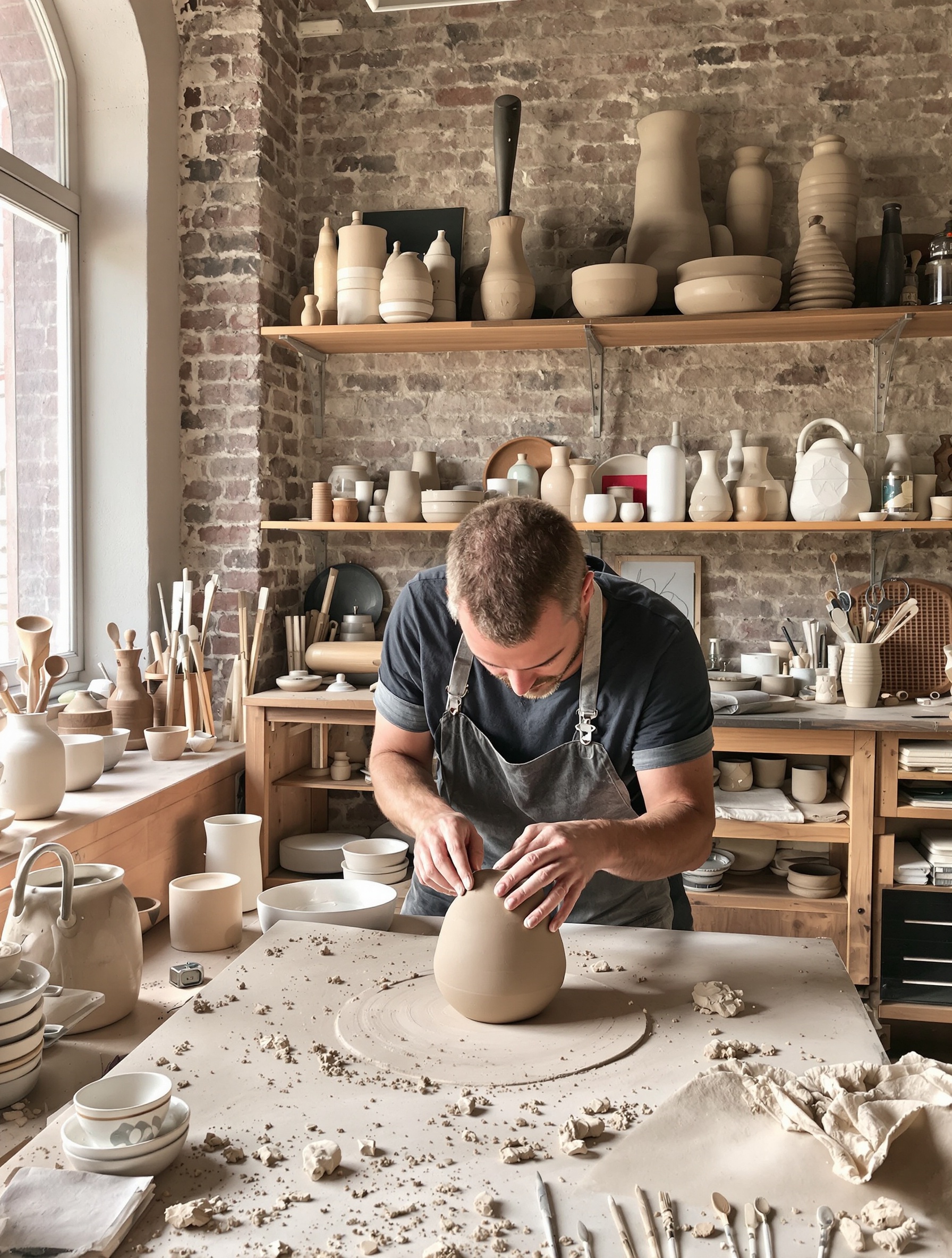 atelier de céramiste contemporain, outils traditionnels et numériques, création d'une pièce unique