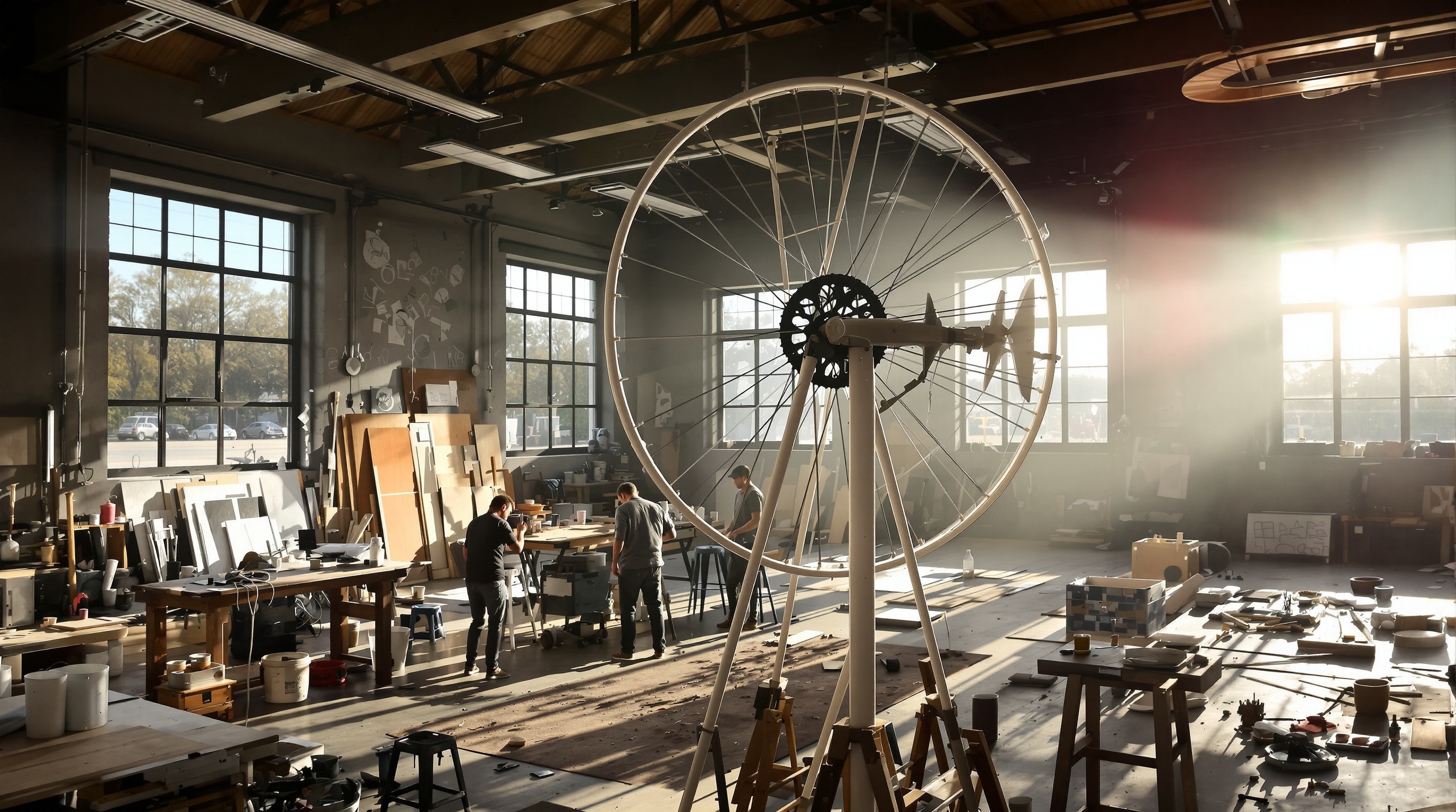 Atelier domestique avec éolienne DIY en montage – tubes PVC, roue de vélo et ambiance artistique