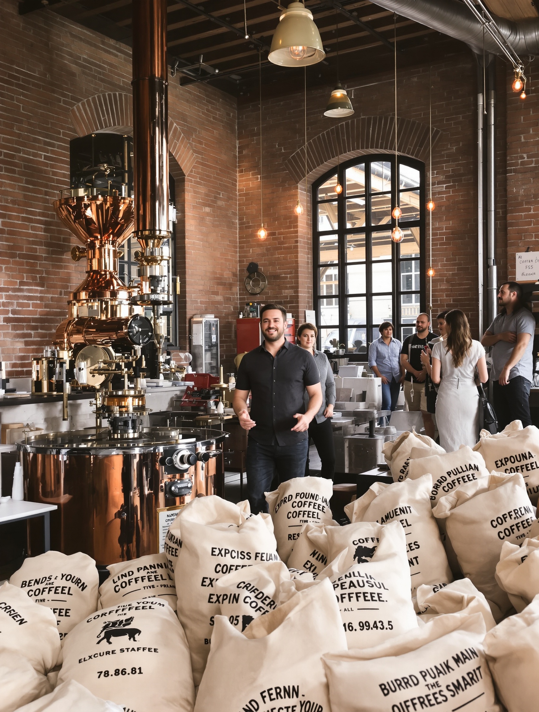 Atelier de torréfaction à Paris : décor vintage, machines en cuivre rutilantes, grains exotiques et ambiance feutrée.