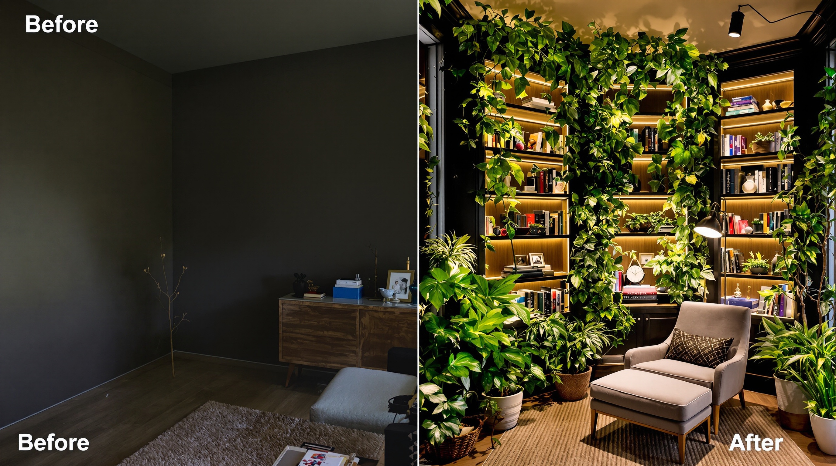 avant/après aménagement angle bibliothèque végétale contemporaine