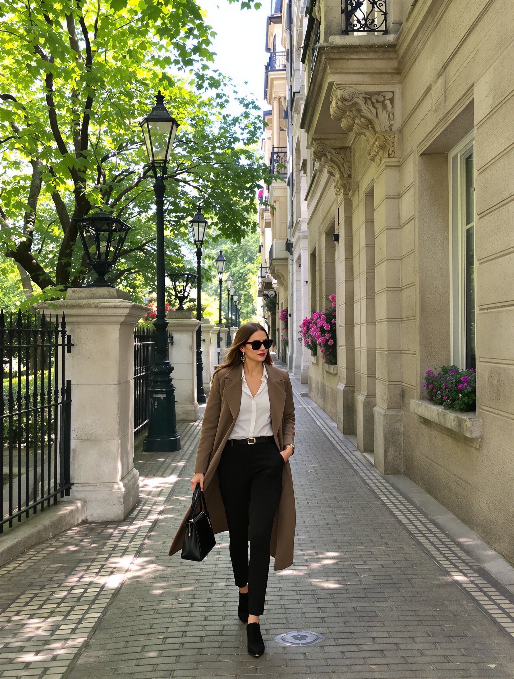 Une promenade élégante dans un parc parisien ou une ruelle charmante, incarnant l’essence chic et décontractée de la balade.