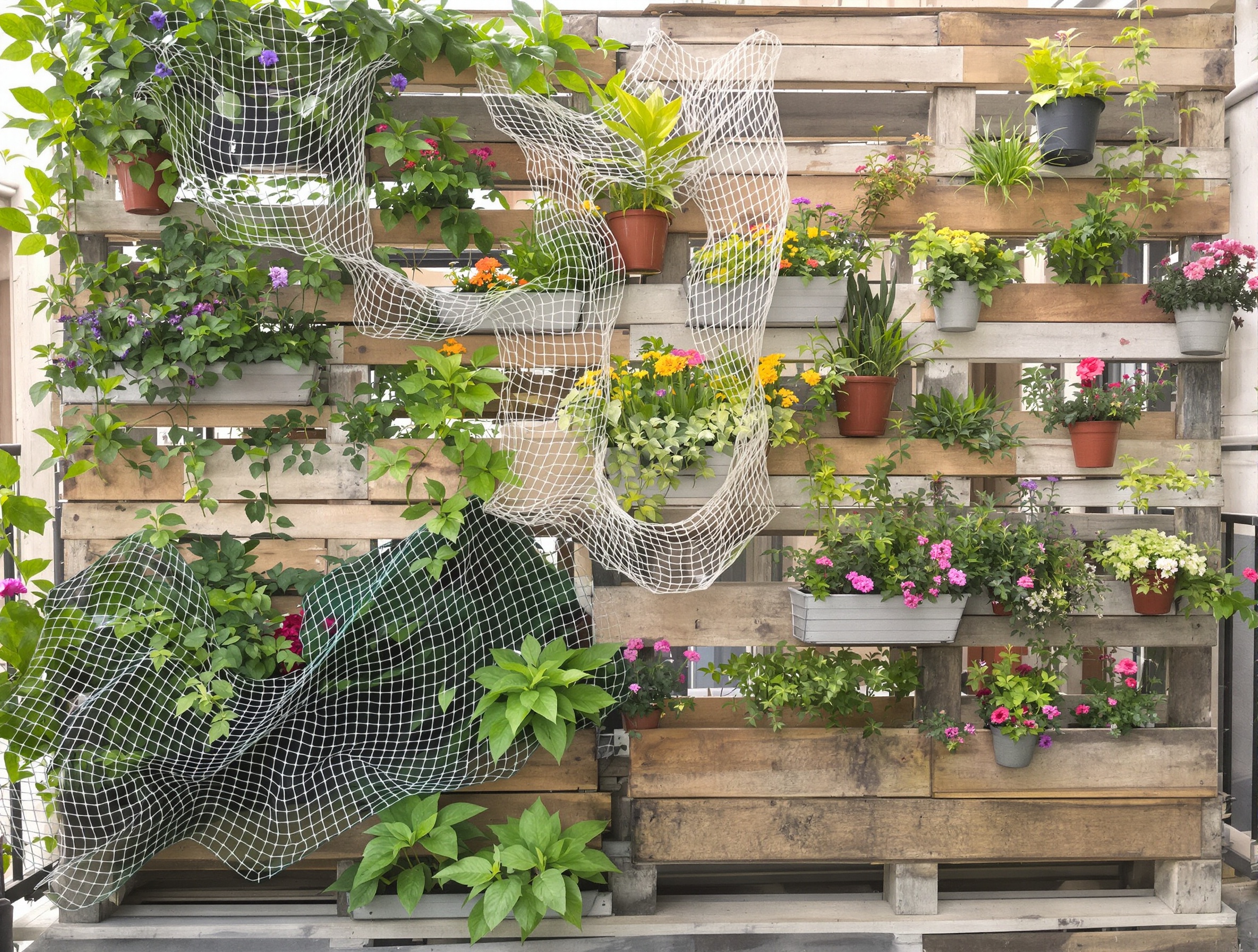 Un balcon avec des solutions DIY créatives pour cacher le vis-à-vis, comme des palettes transformées en jardinières verticales ou des filets décoratifs suspendus.