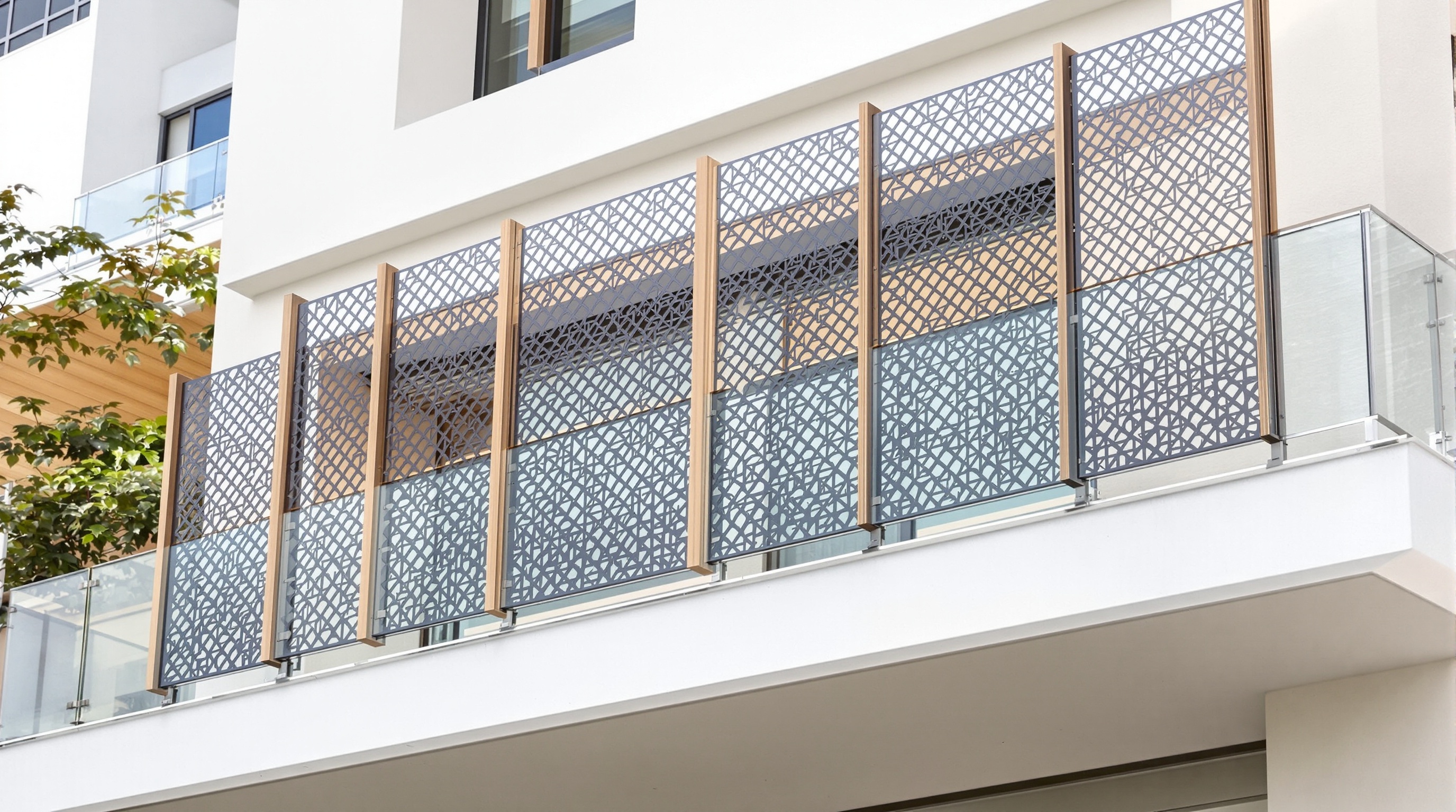 Brise-vue design sur balcon moderne mêlant bois naturel, métal ajouré avec motifs artistiques et verre dépoli