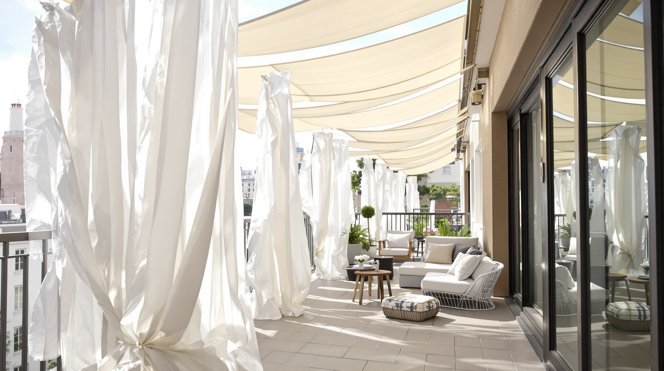 Balcon urbain décoré de rideaux extérieurs blancs et voiles d'ombrage pastel flottant sous la brise.