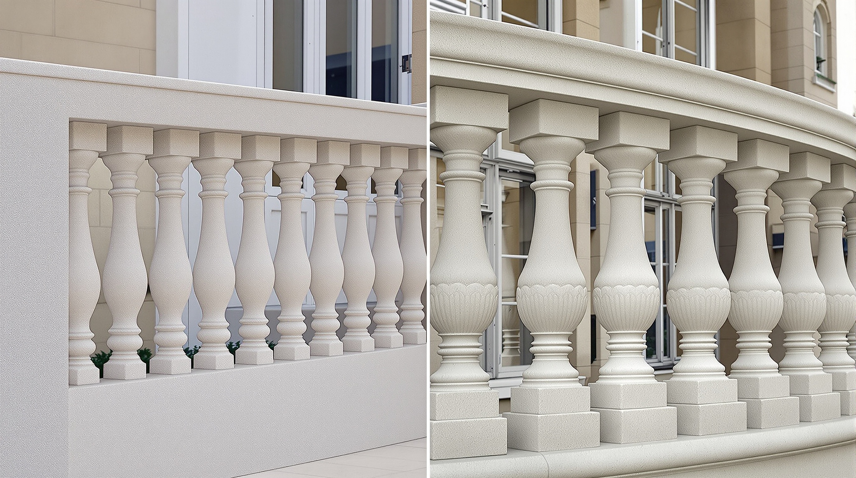 balustrade en béton moderne et épurée contrastant avec une balustrade classique et ouvragée