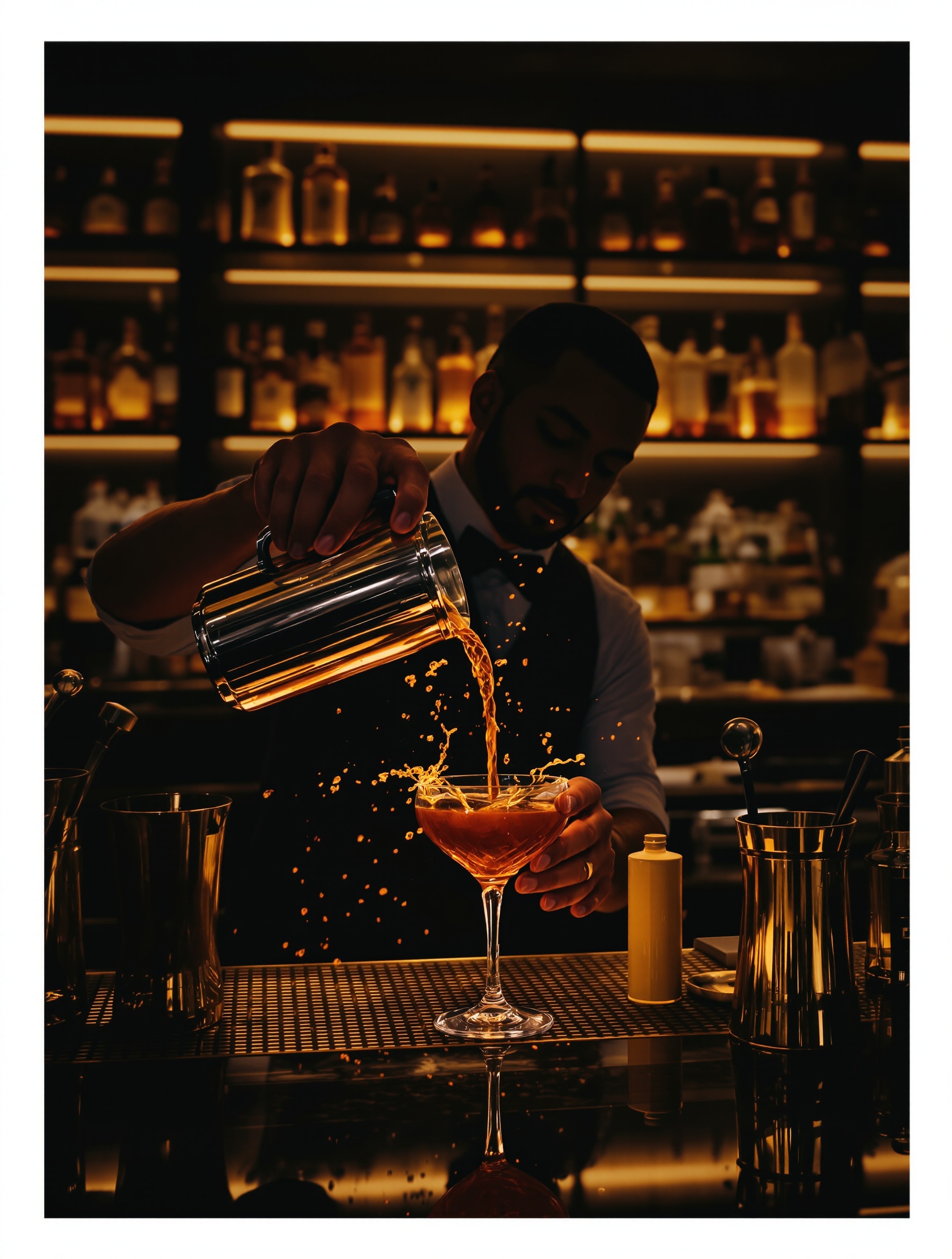 Ambiance feutrée et chic dans un bar à cocktails avec mixologue