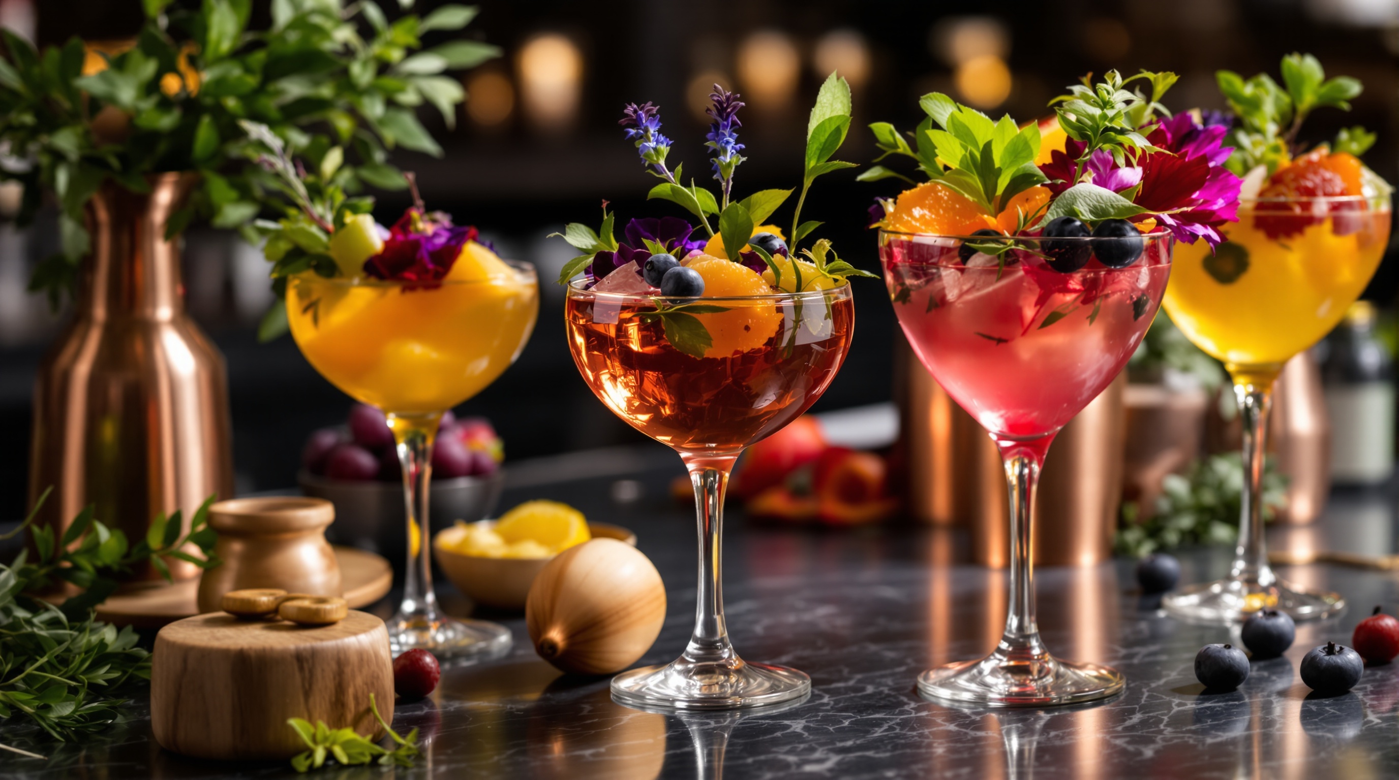 Bar contemporain verres cocktail originaux garnitures fruits accessoires design
