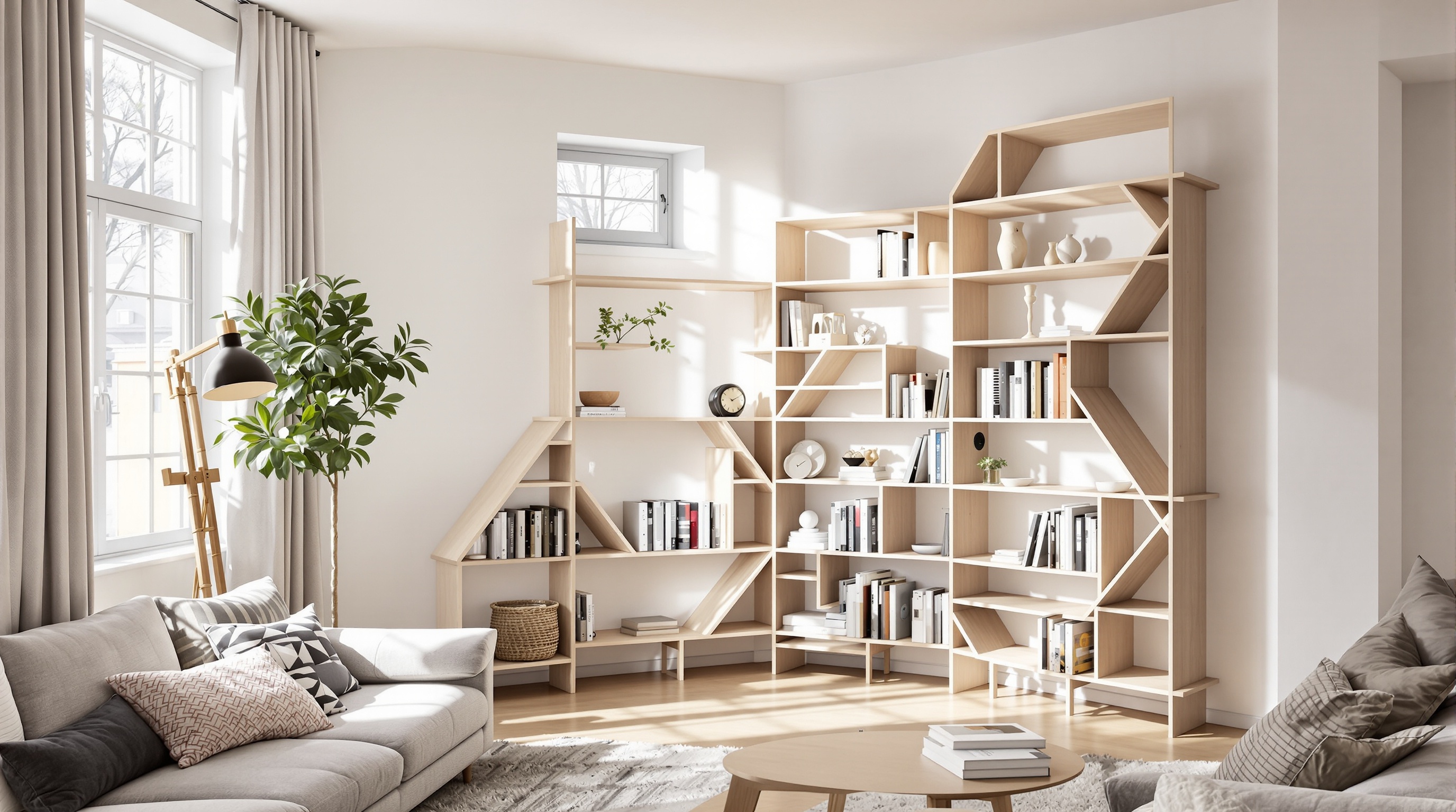 bibliothèque d'angle originale style architecture urbaine nordique