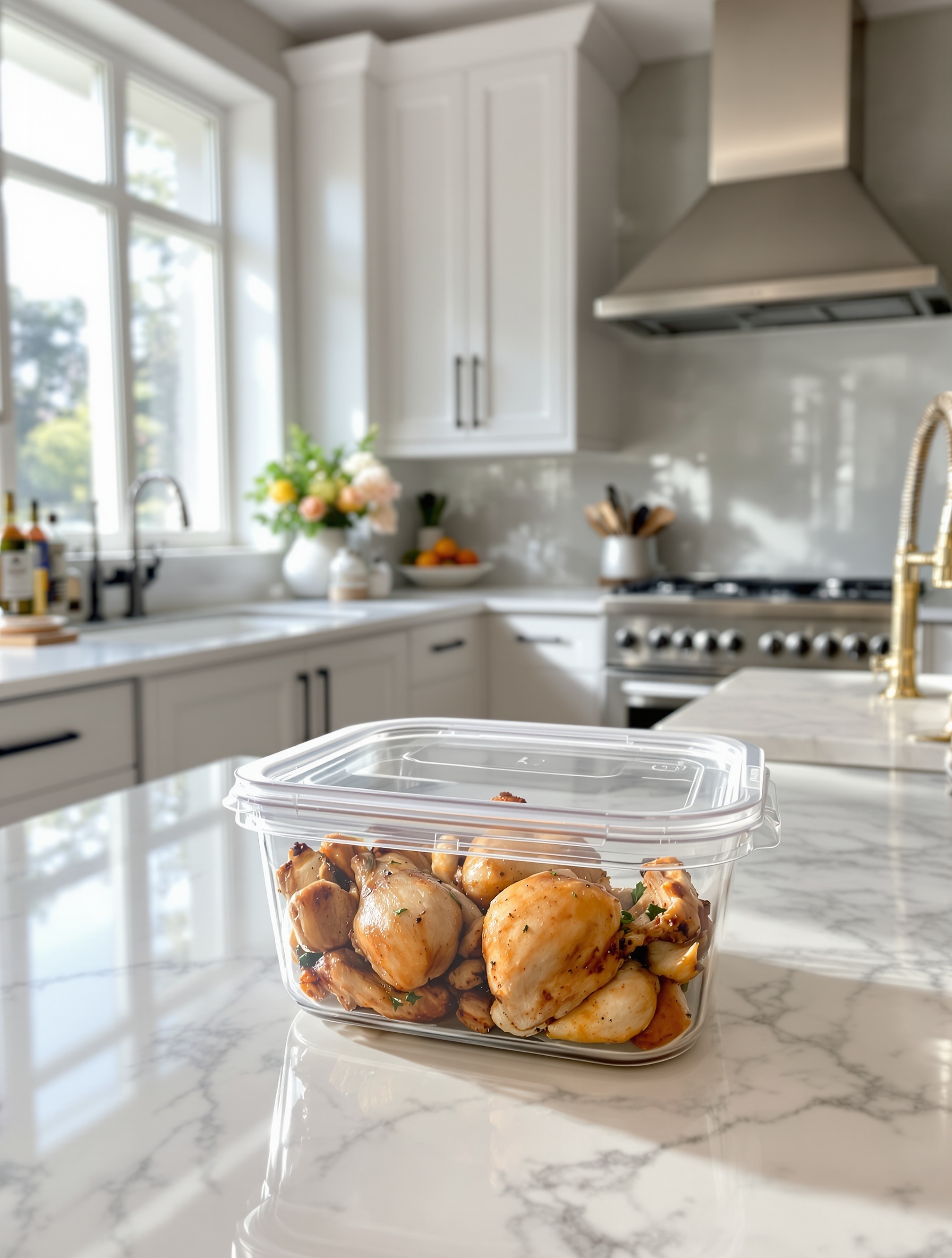 Boîte hermétique design contenant restes de poulet rôti, cuisine lumineuse.