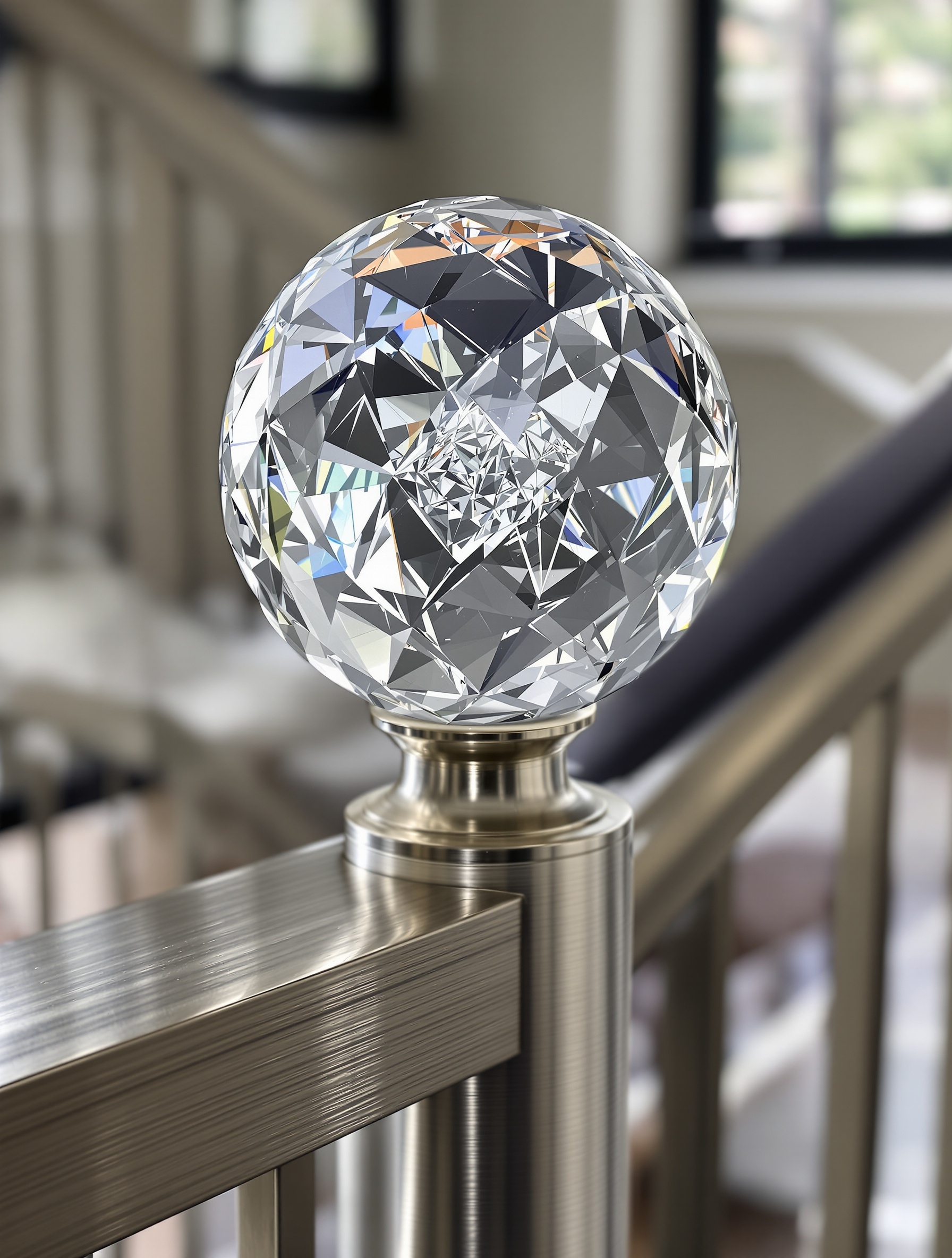 Boule d'escalier en cristal facetté captant la lumière sur rampe moderne élégante