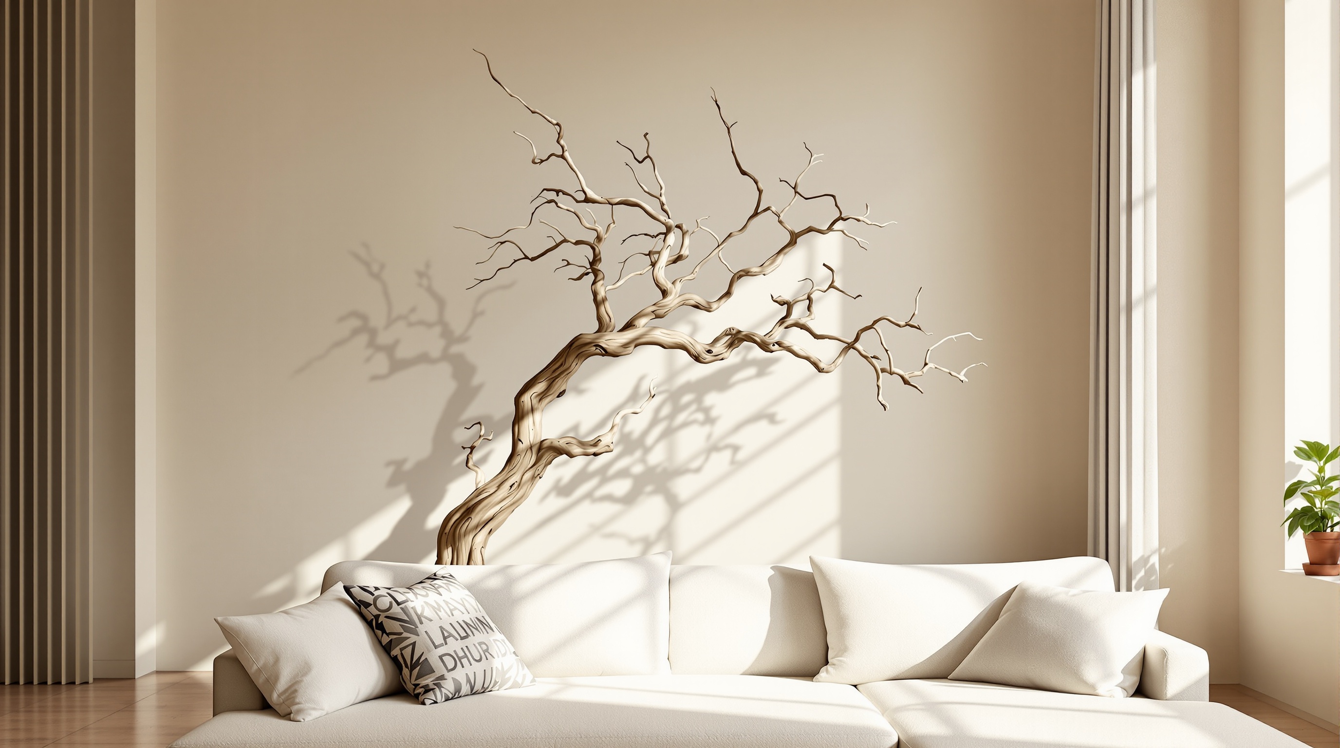 branche d'arbre intégrée dans un salon contemporain, style Cy Twombly