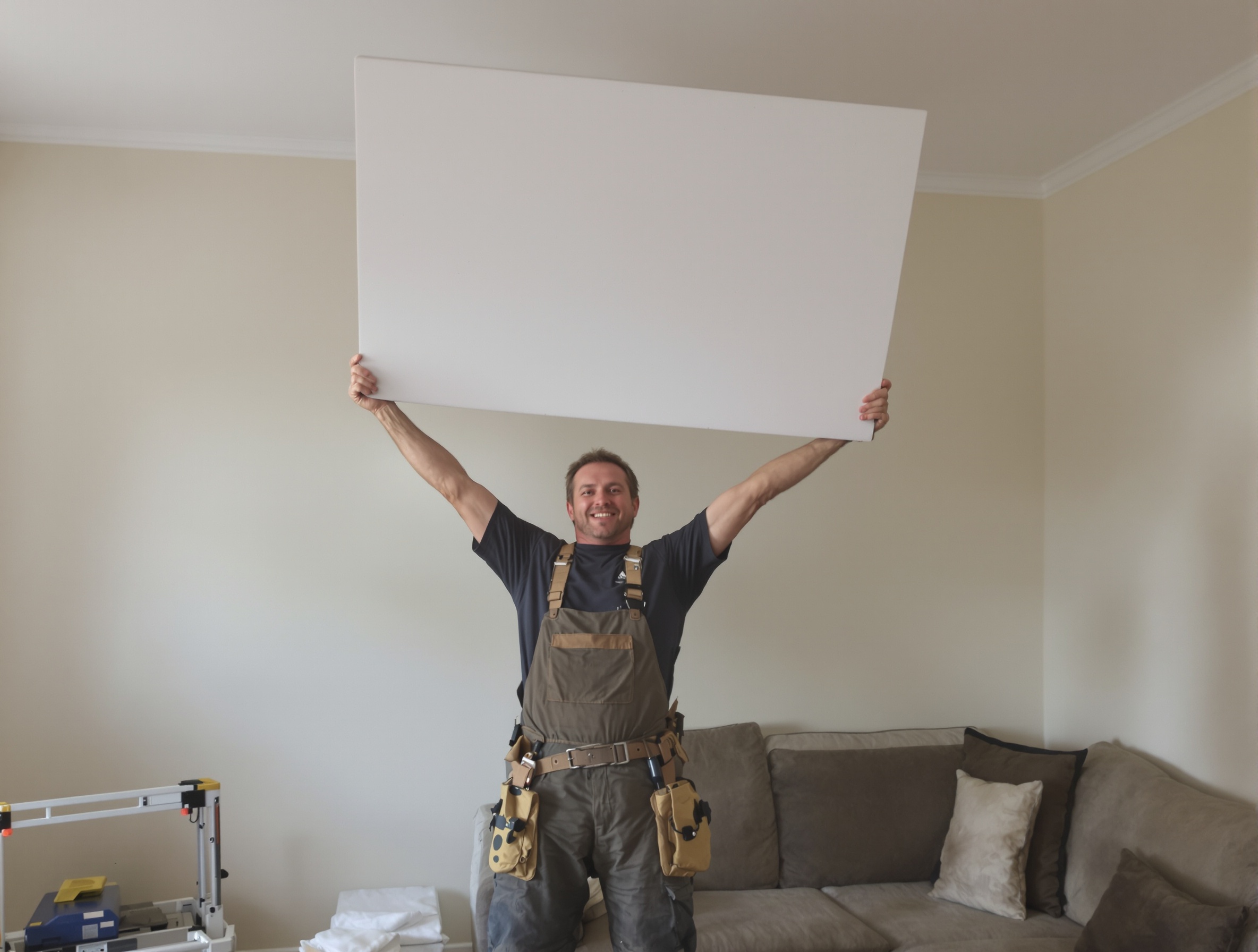Un bricoleur amateur dépassé par une grande plaque de plâtre avec un lève-plaque à côté.