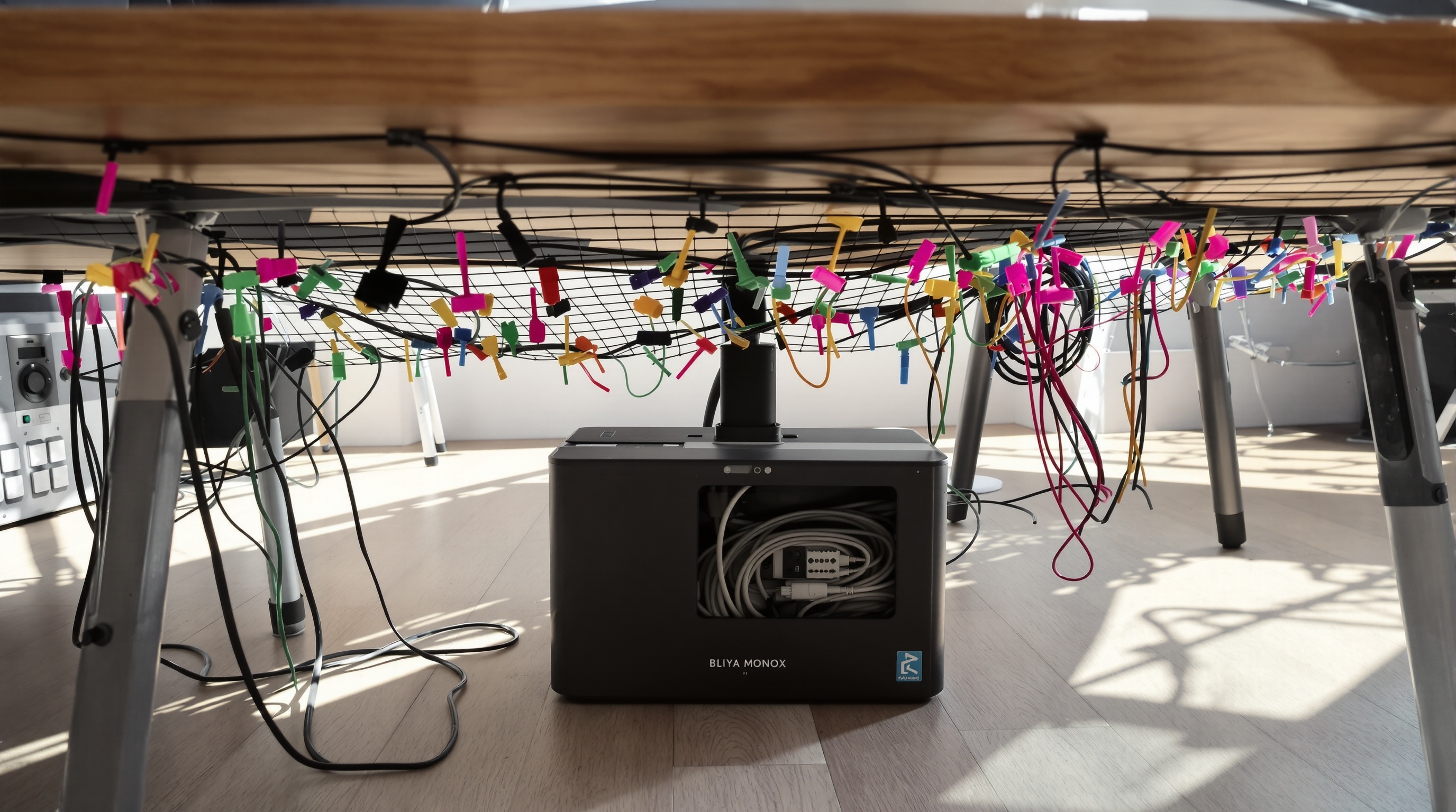 Bureau avec filet à câbles, serre-câbles et boîte cache-câble pour un style épuré et anti-chaos