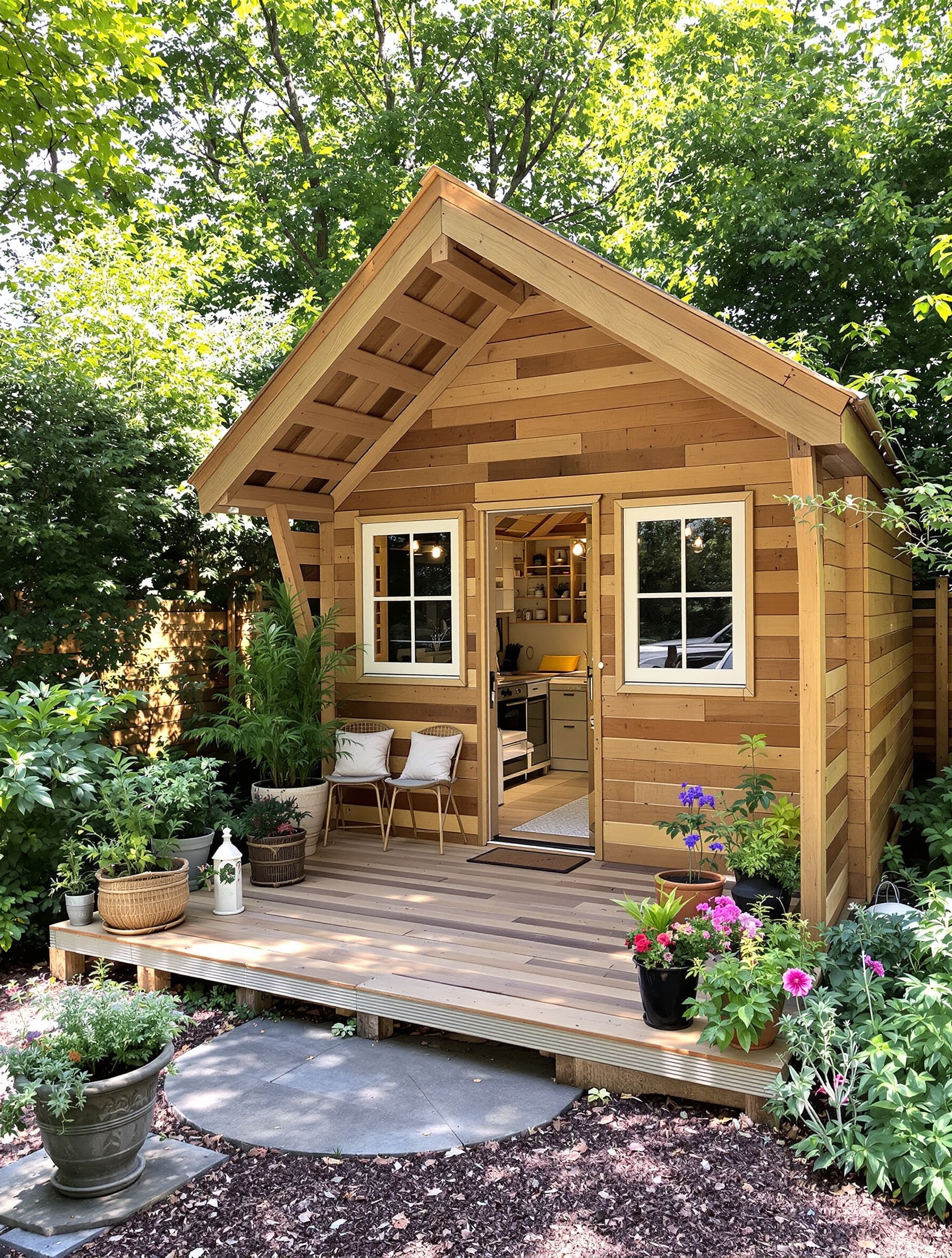 cabane en palette terminée décorée terrasse plantes inspiration