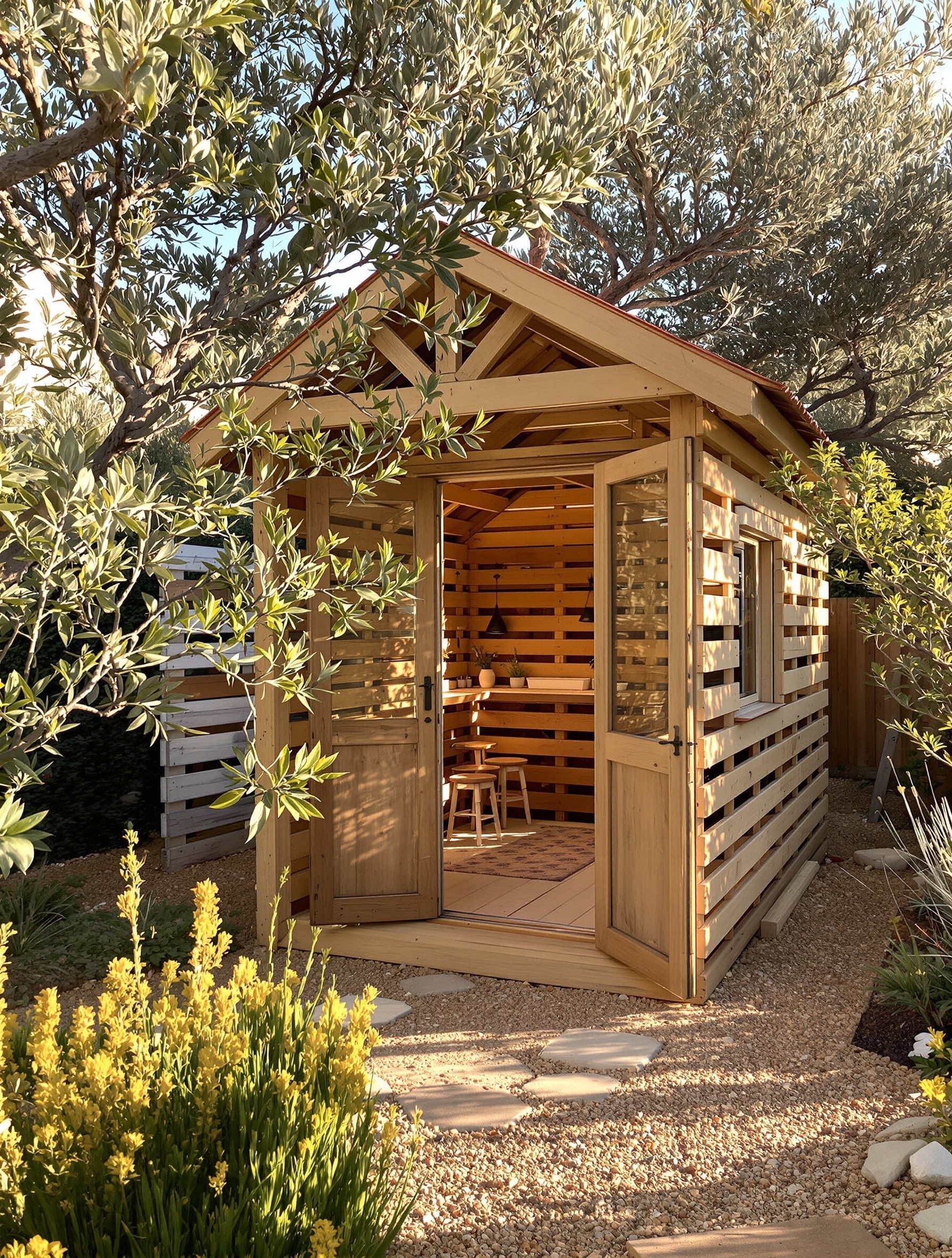 cabane en palette ultra esthétique dans un jardin méditerranéen
