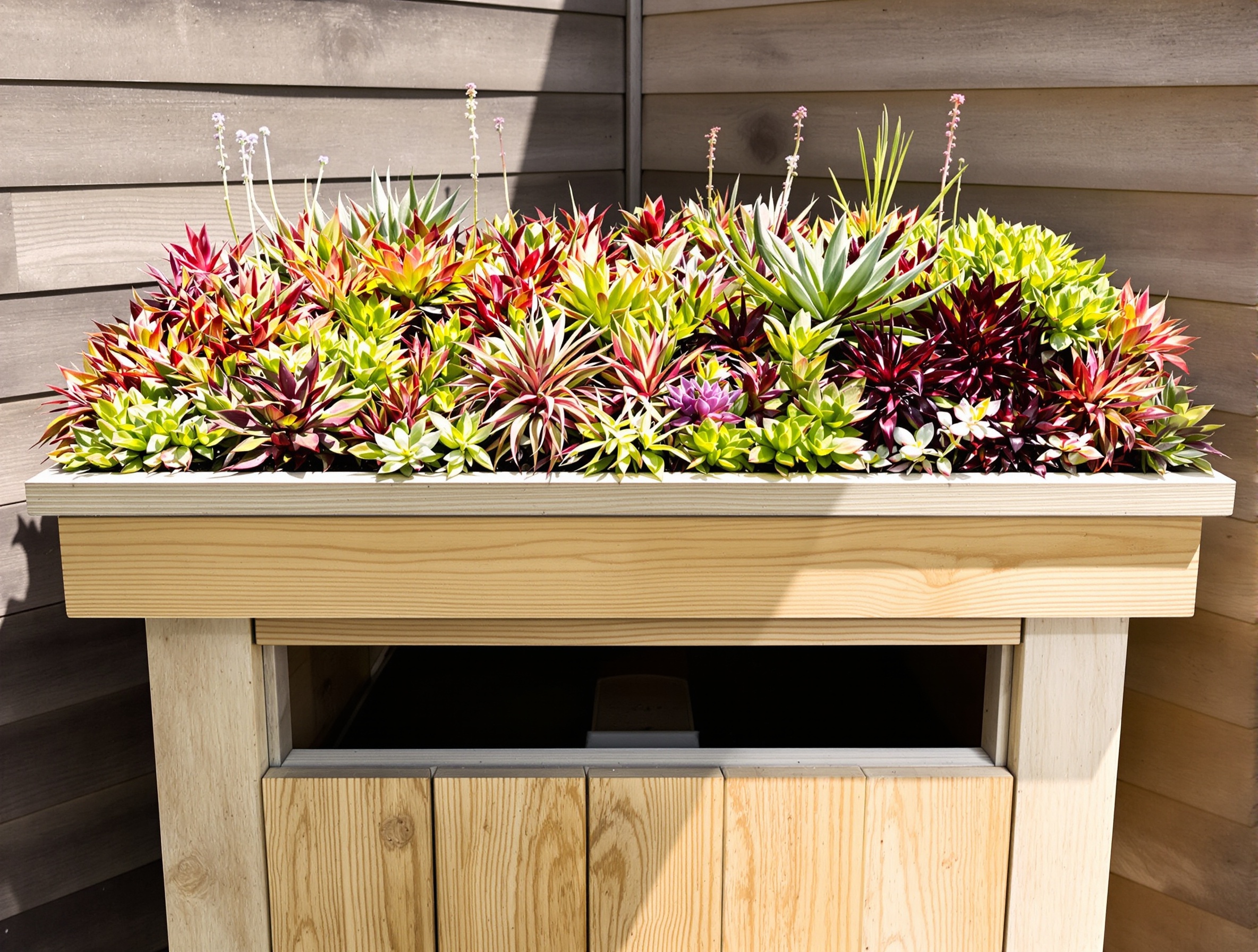 Un cache-poubelle en bois simple dont le toit plat a été transformé en une mini-toiture végétalisée. On y voit un assortiment de sedums et de joubarbes aux couleurs variées, créant un point focal inattendu et poétique.