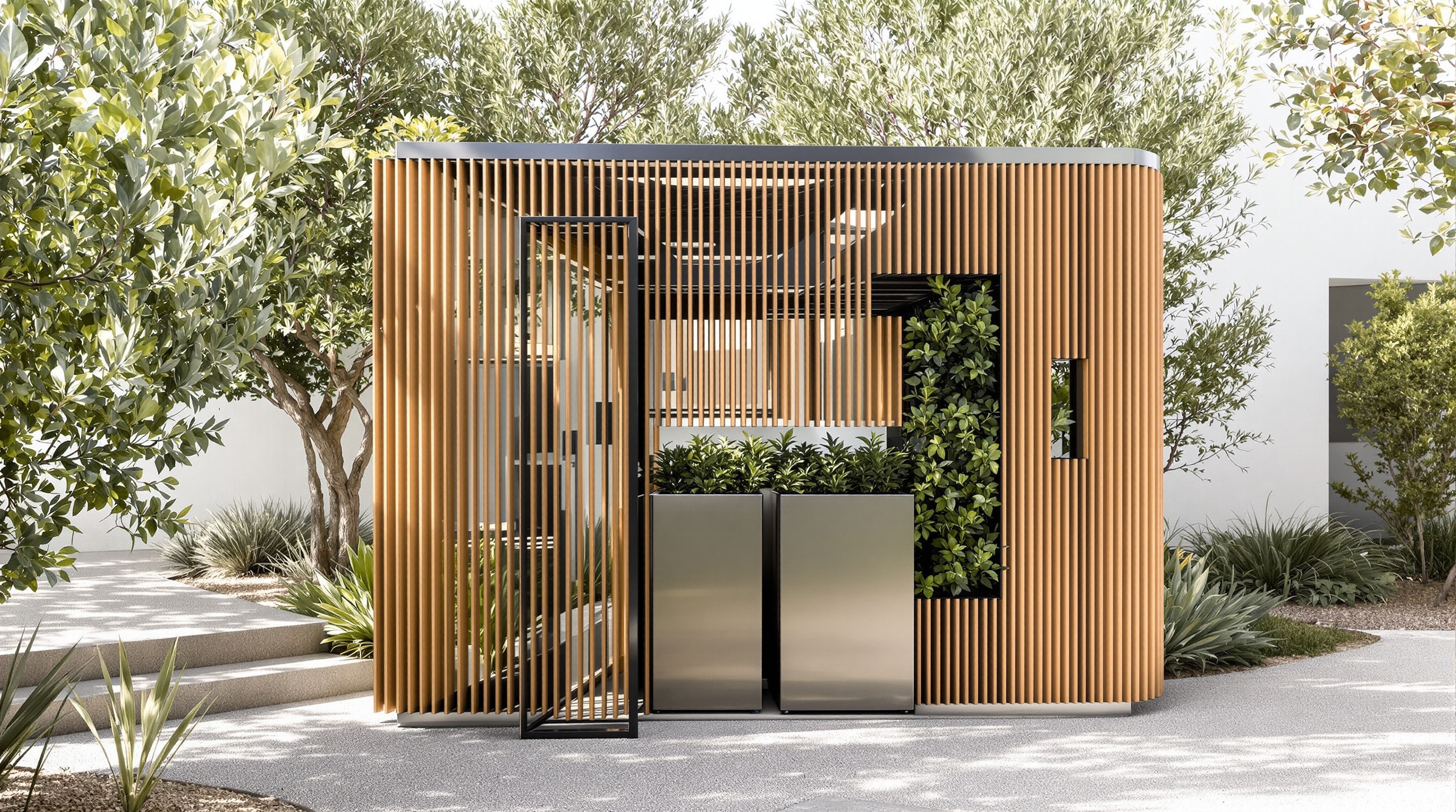 Cache-poubelle design original mêlant bois, métal et végétal dans un jardin méditerranéen contemporain
