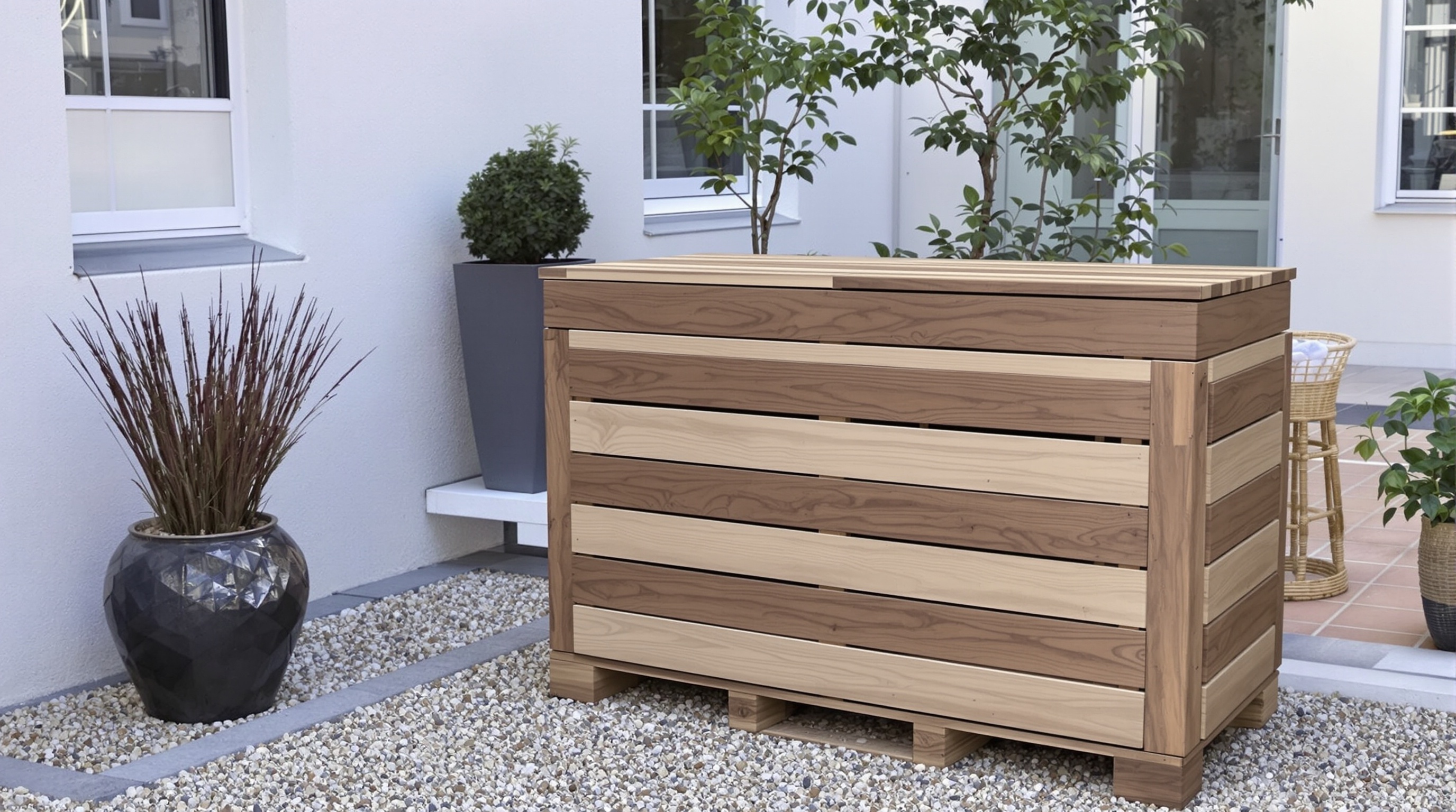 Cache-poubelle DIY élégant en palettes poncées et lasurées dans une cour urbaine