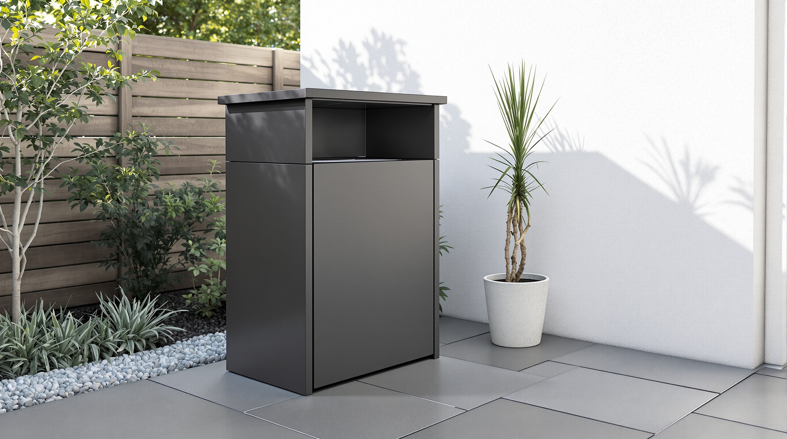 Cache-poubelle en métal anthracite minimaliste dans un jardin contemporain