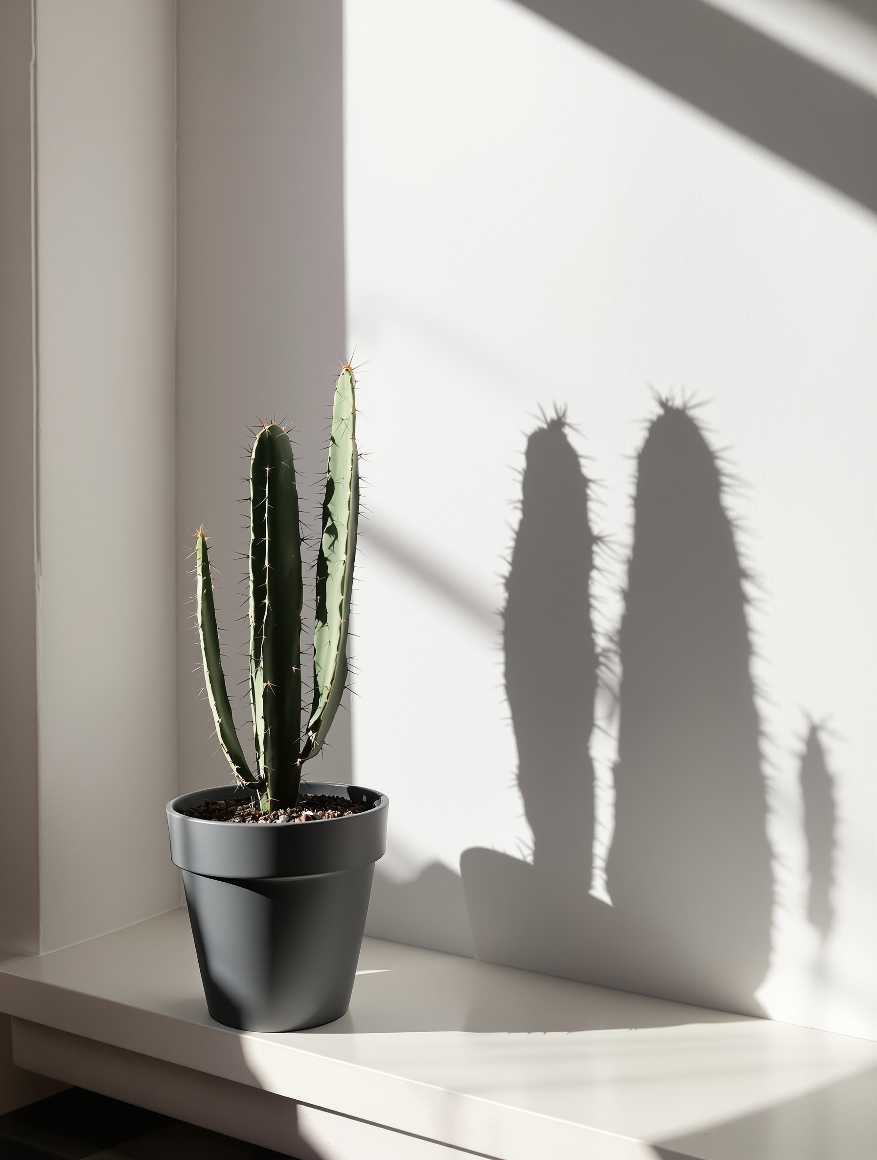 Un cactus Cereus minimaliste sur une fenêtre ensoleillée, ses épines projetant des ombres graphiques sur un mur blanc.