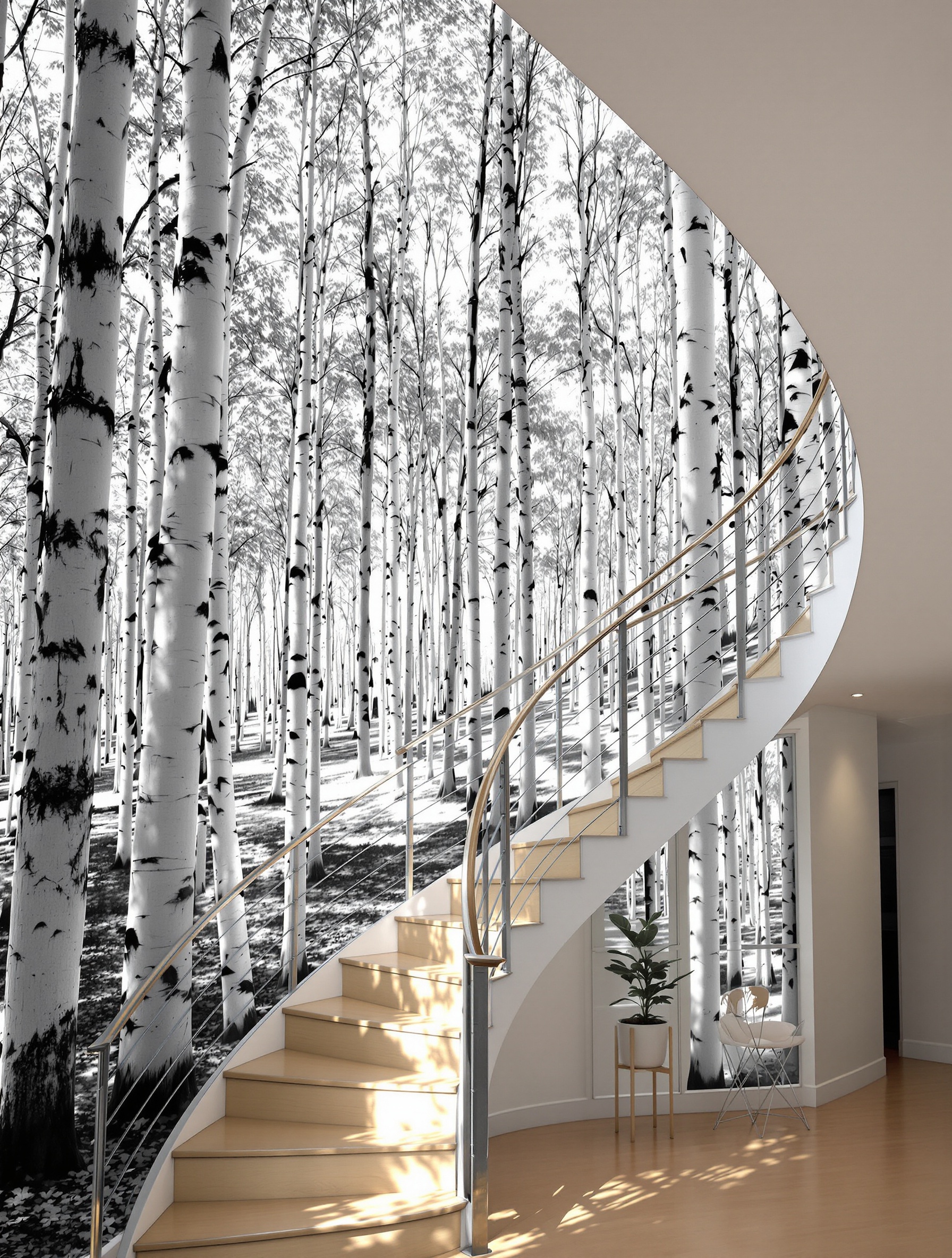 Papier peint panoramique forêt bouleaux cage d'escalier moderne