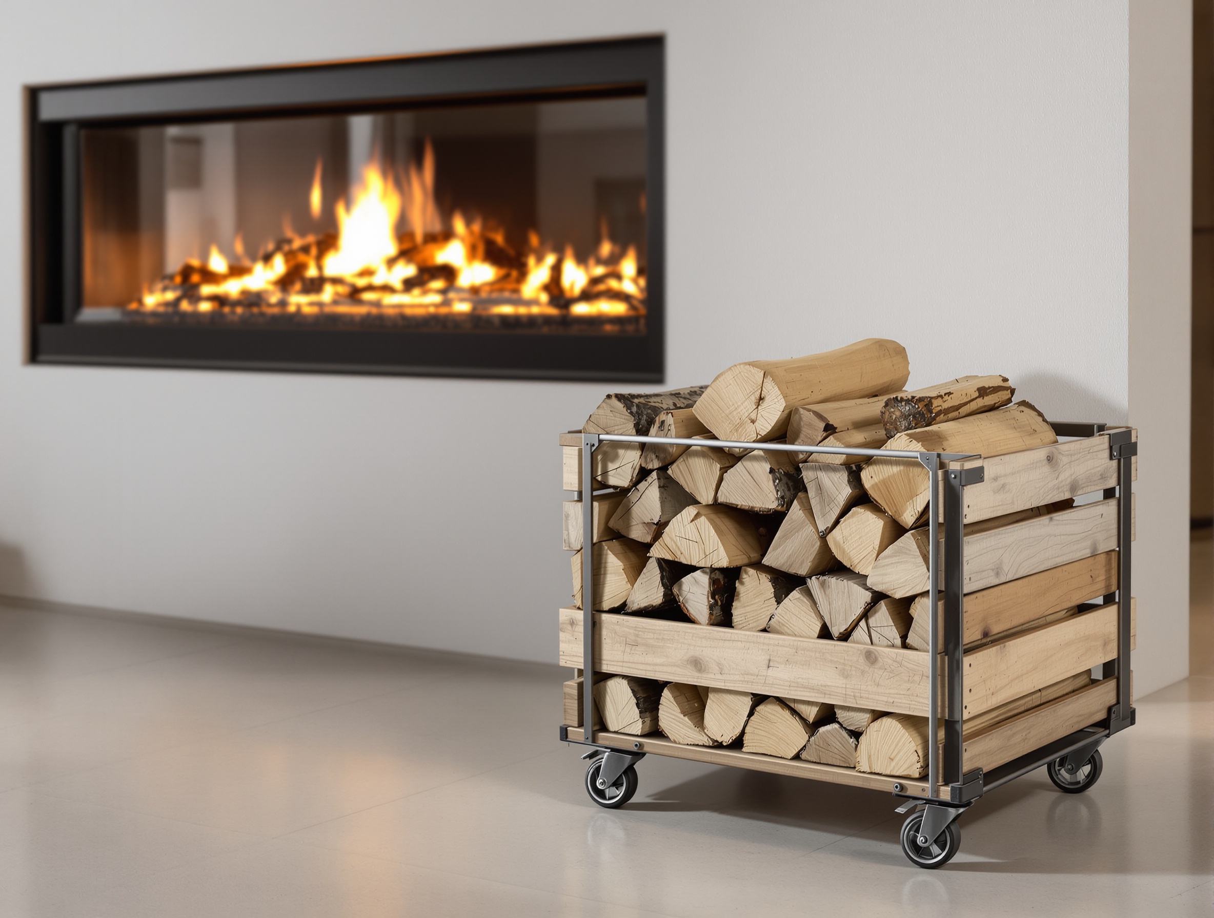 caisse en bois KNAGGLIG IKEA avec roulettes et bûches, près cheminée design