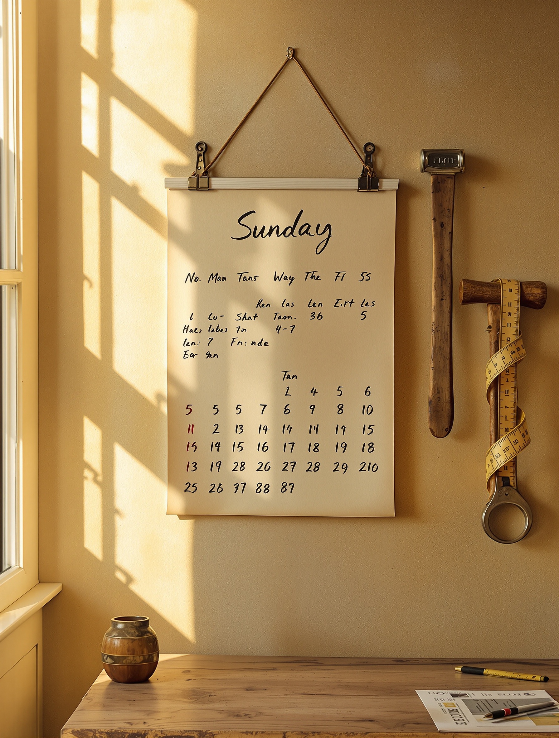 Calendrier mural griffonné de dimanches, outils suspendus, ambiance loi bricolage dimanche France