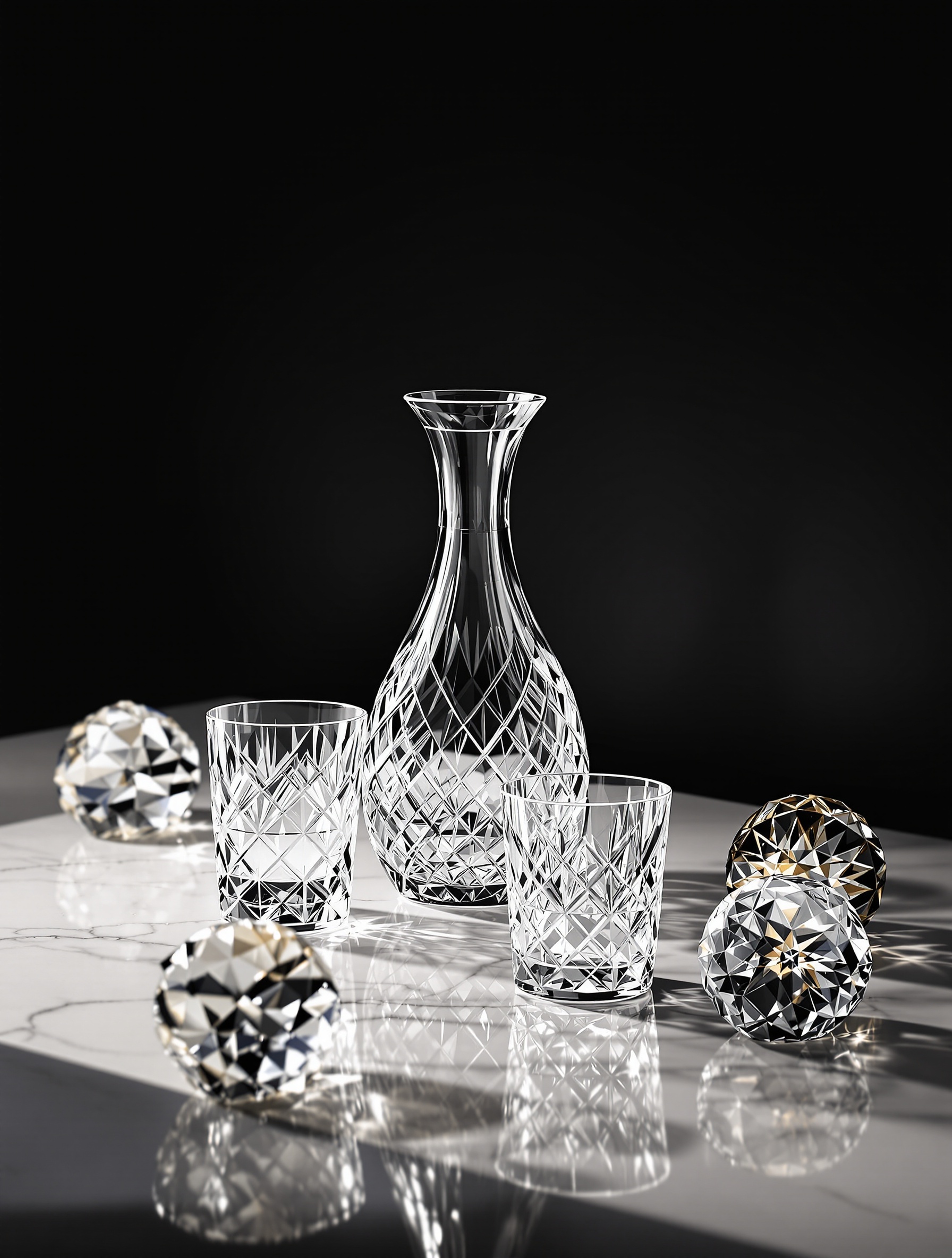 Carafe, gobelets et sulfures en cristal de Bohême mis en scène sur une table contemporaine.