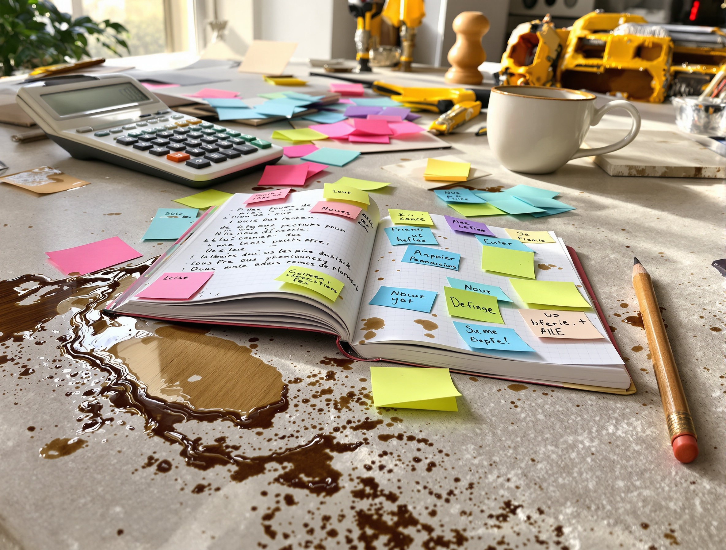 Un carnet de notes ouvert avec des post-its multicolores, une calculatrice, quelques échantillons de matériaux (bois, carrelage), un café renversé et un crayon cassé – tout ce chaos posé sur un plan de cuisine en pleine rénovation.