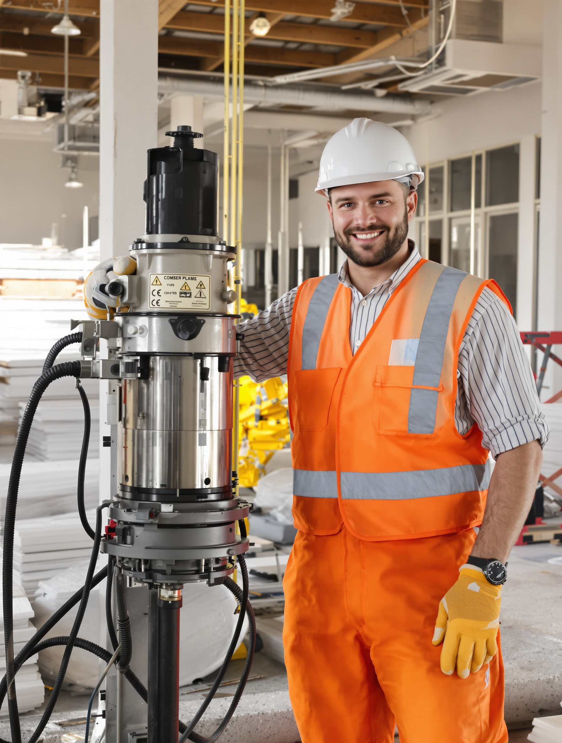 Carotteur détendu posant fièrement sur chantier sécurisé