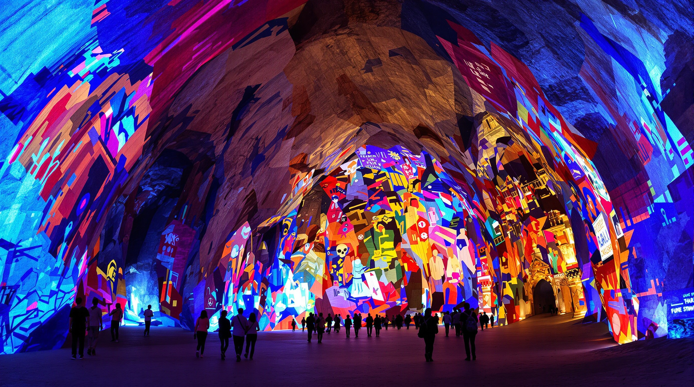 Intérieur lumineux des Carrières de Lumières aux Baux-de-Provence avec œuvres projetées sur la pierre