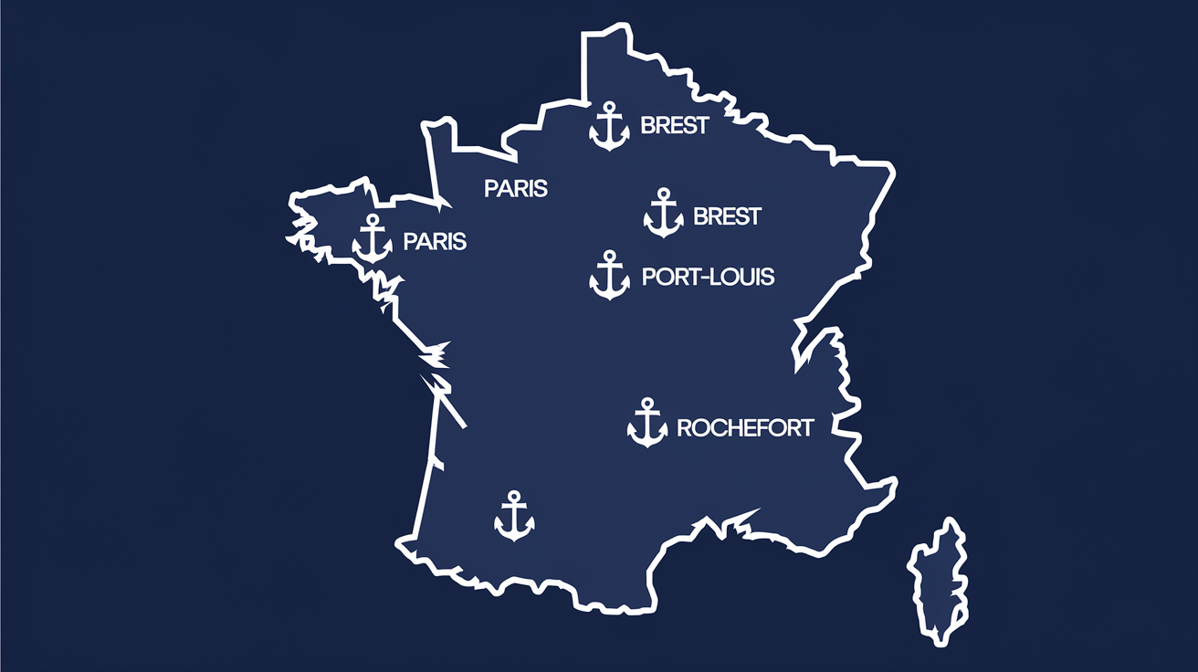 Carte du réseau national des musées de la Marine en France, illustrant cinq villes principales.